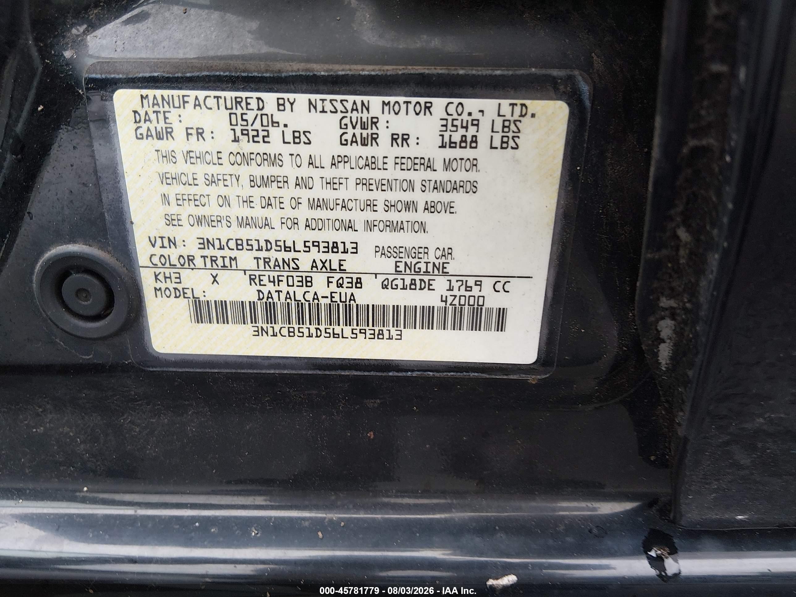 2006 Nissan Sentra 1.8 Black vin: 3N1CB51D56L593813