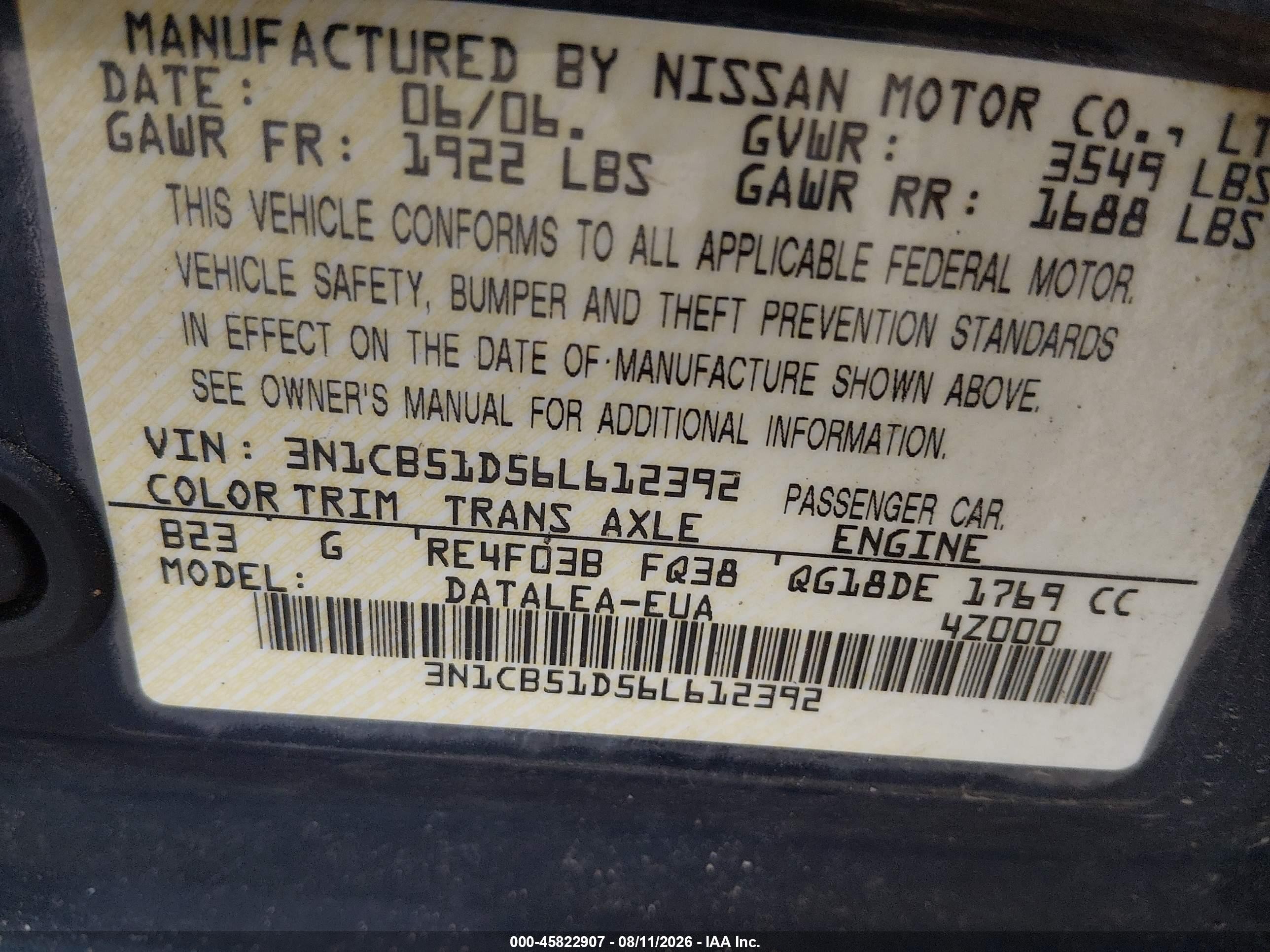 2006 Nissan Sentra 1.8s Blue vin: 3N1CB51D56L612392
