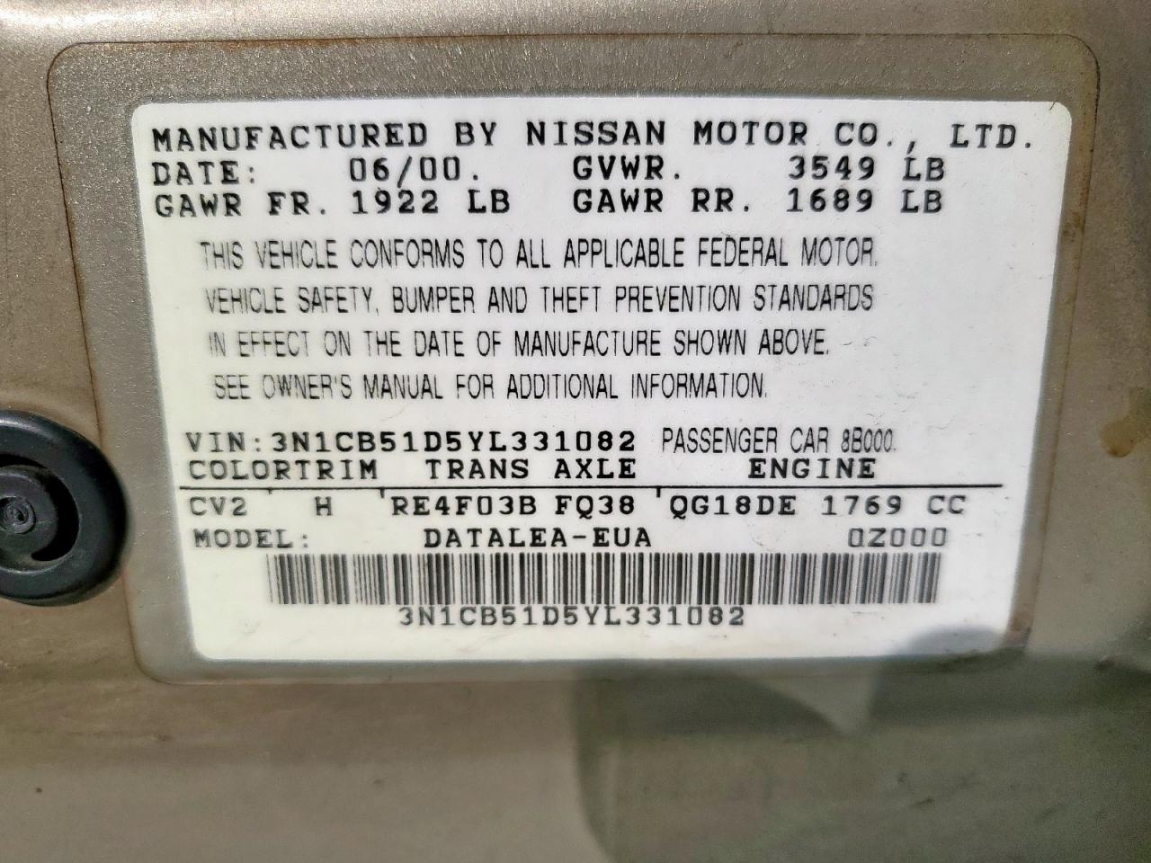 2000 Nissan Sentra Base Gold vin: 3N1CB51D5YL331082