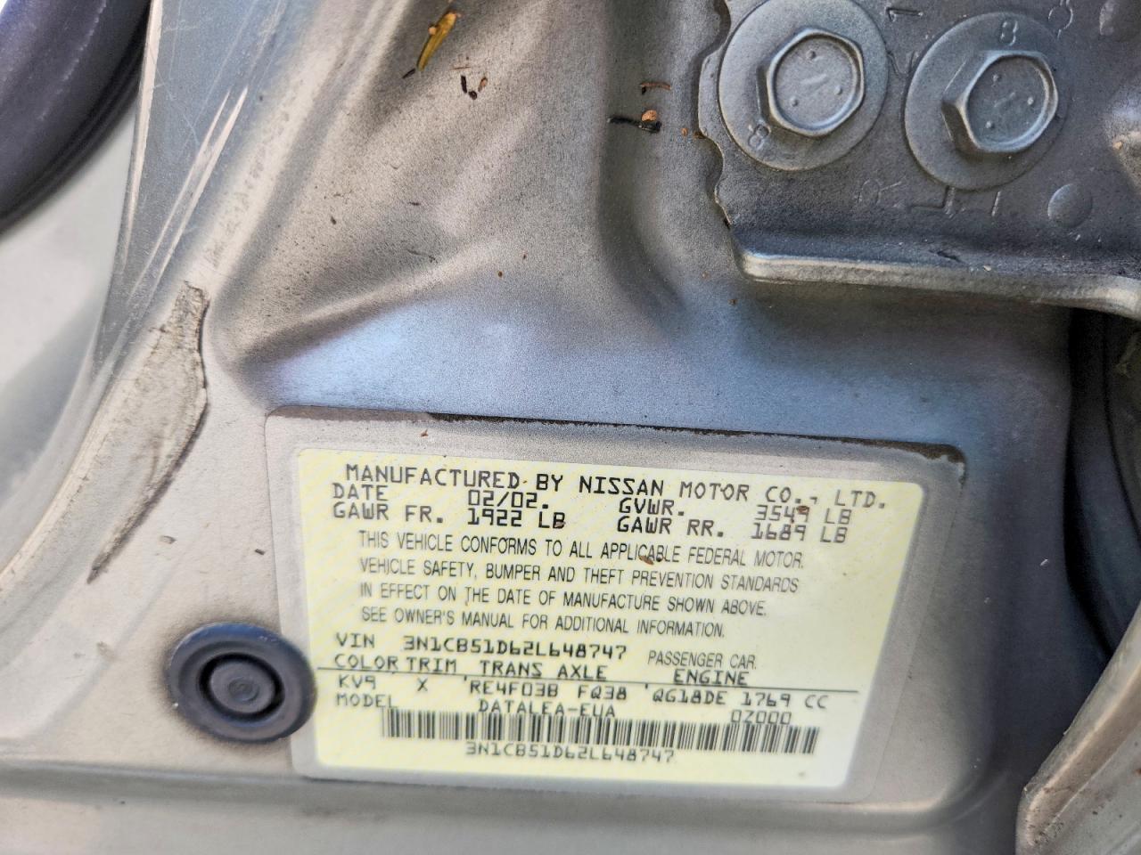 2002 Nissan Sentra Xe Tan vin: 3N1CB51D62L648747