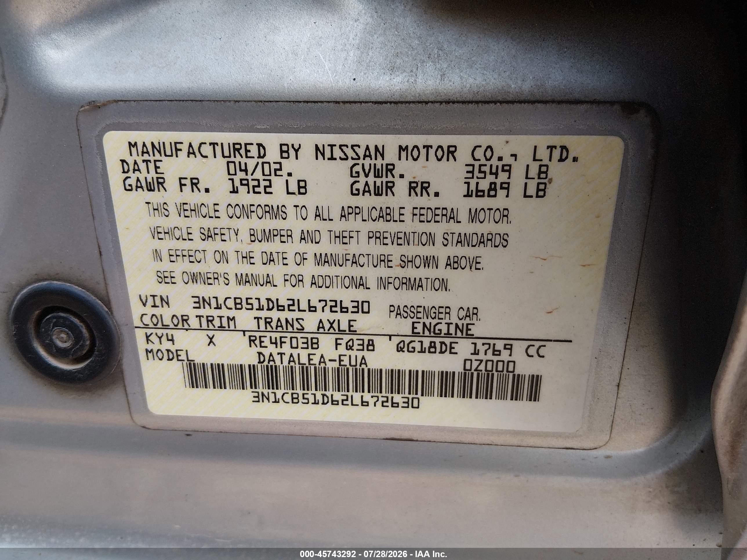 2002 Nissan Sentra Gxe Серебряный vin: 3N1CB51D62L672630