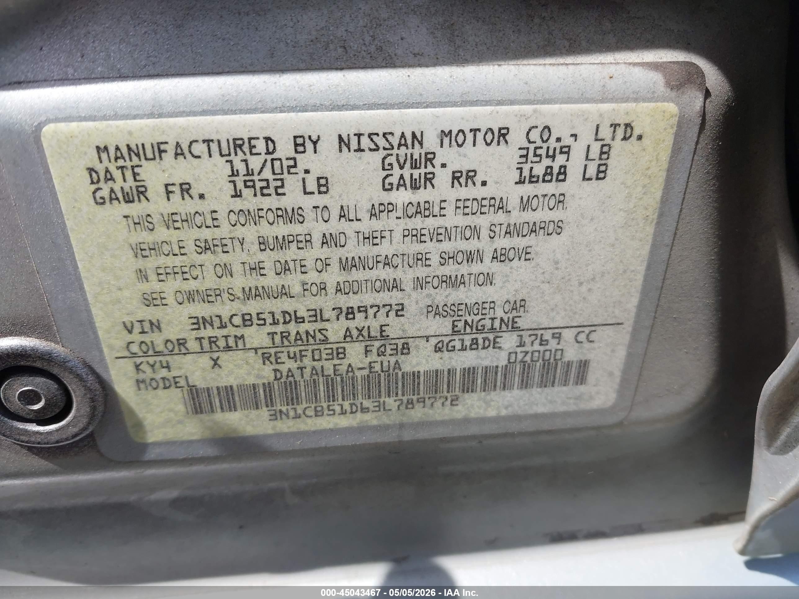 2003 Nissan Sentra Gxe White vin: 3N1CB51D63L789772