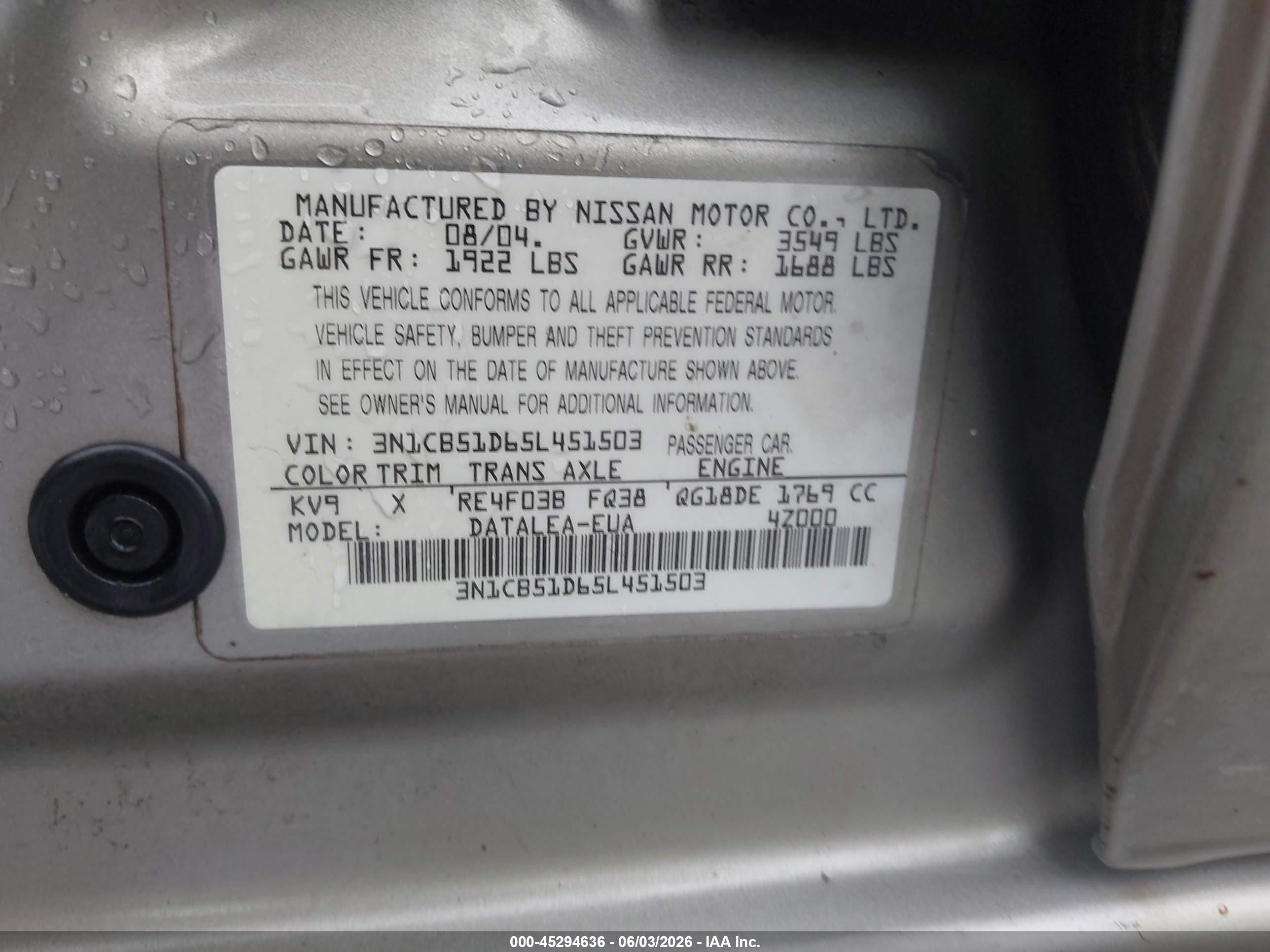 2005 Nissan Sentra 1.8s Brown vin: 3N1CB51D65L451503