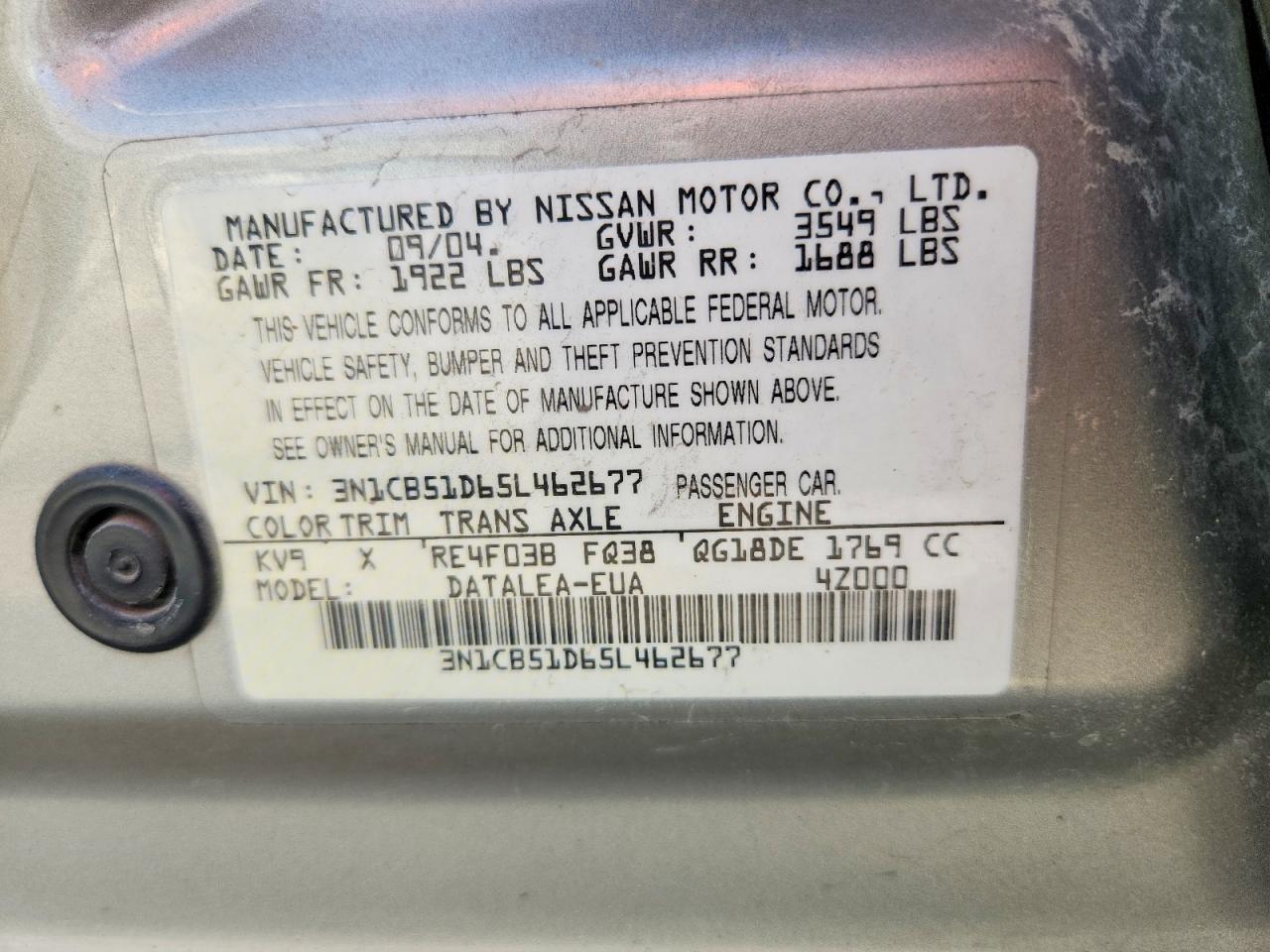 2005 Nissan Sentra 1.8 Beige vin: 3N1CB51D65L462677