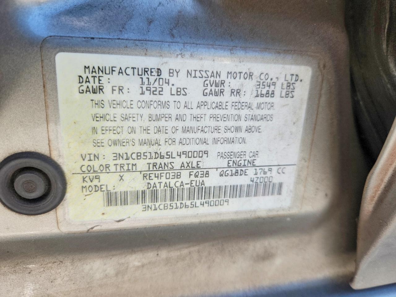 2005 Nissan Sentra 1.8 Beige vin: 3N1CB51D65L490009