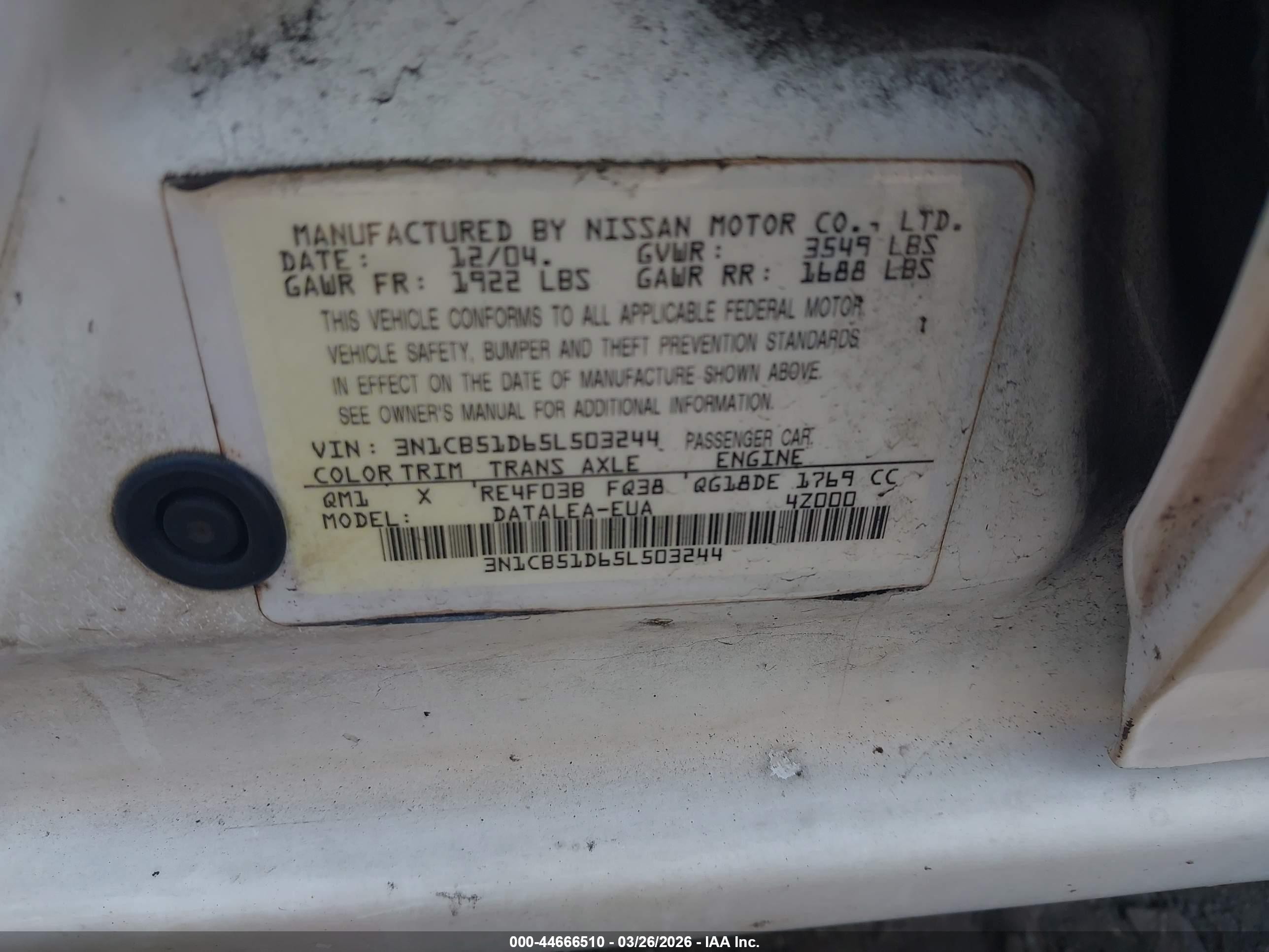 2005 Nissan Sentra 1.8s White vin: 3N1CB51D65L503244