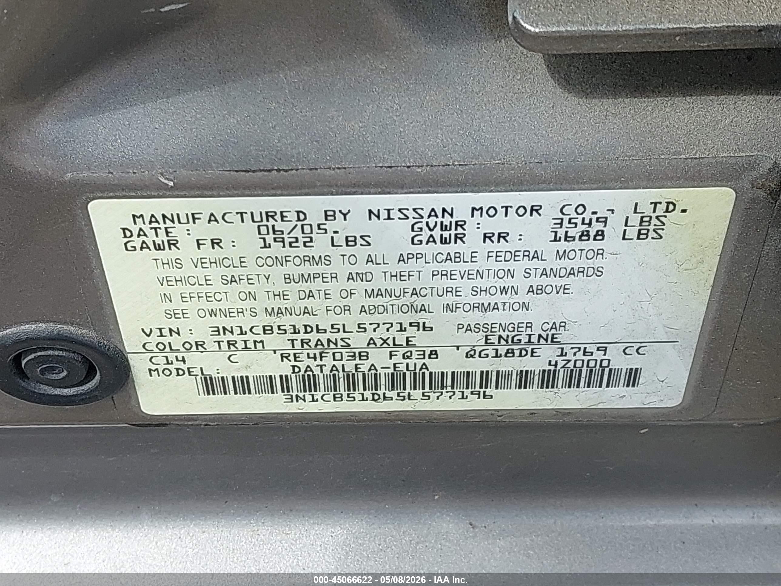 2005 Nissan Sentra 1.8s Gray vin: 3N1CB51D65L577196