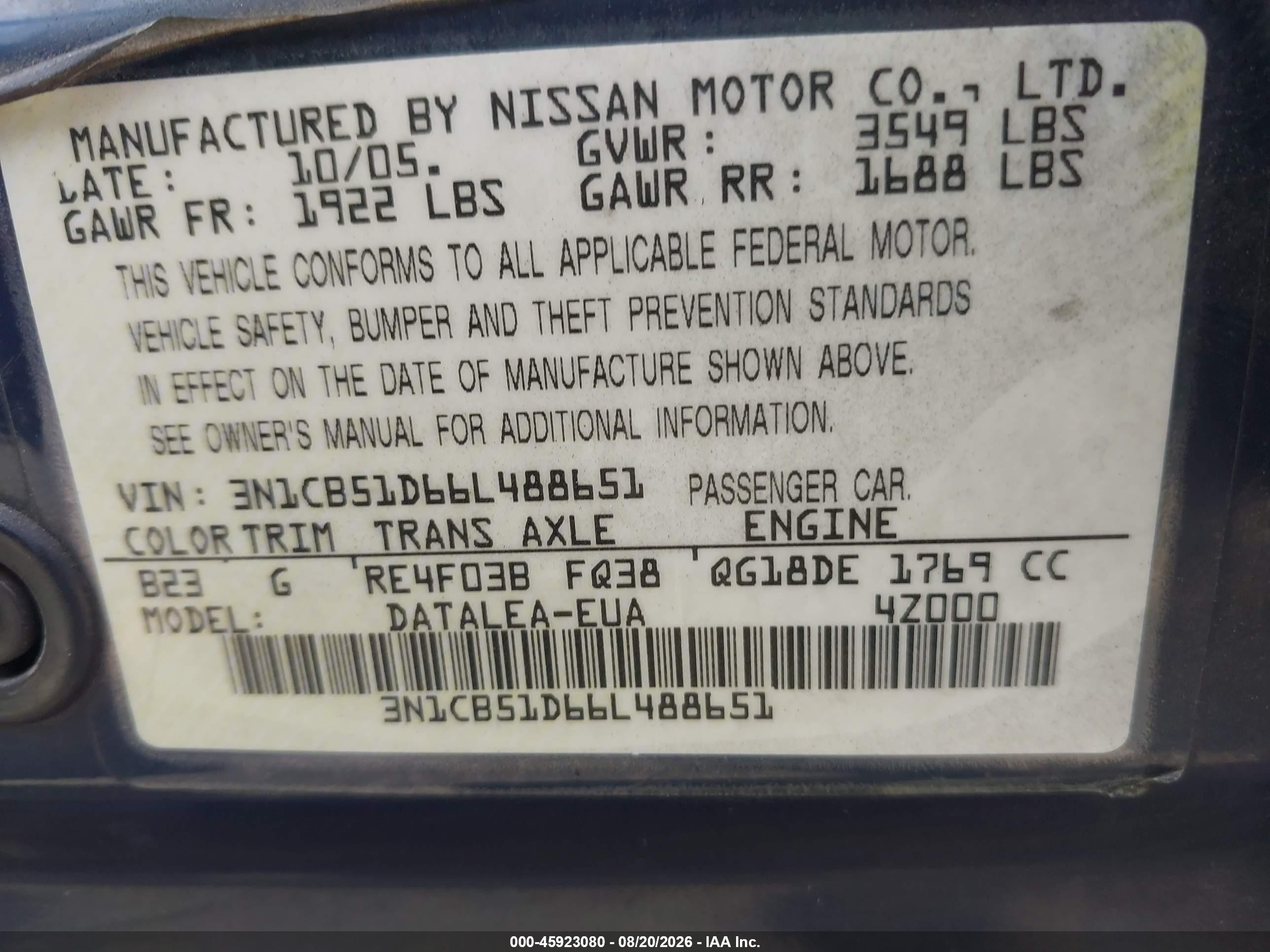 2006 Nissan Sentra 1.8s Blue vin: 3N1CB51D66L488651