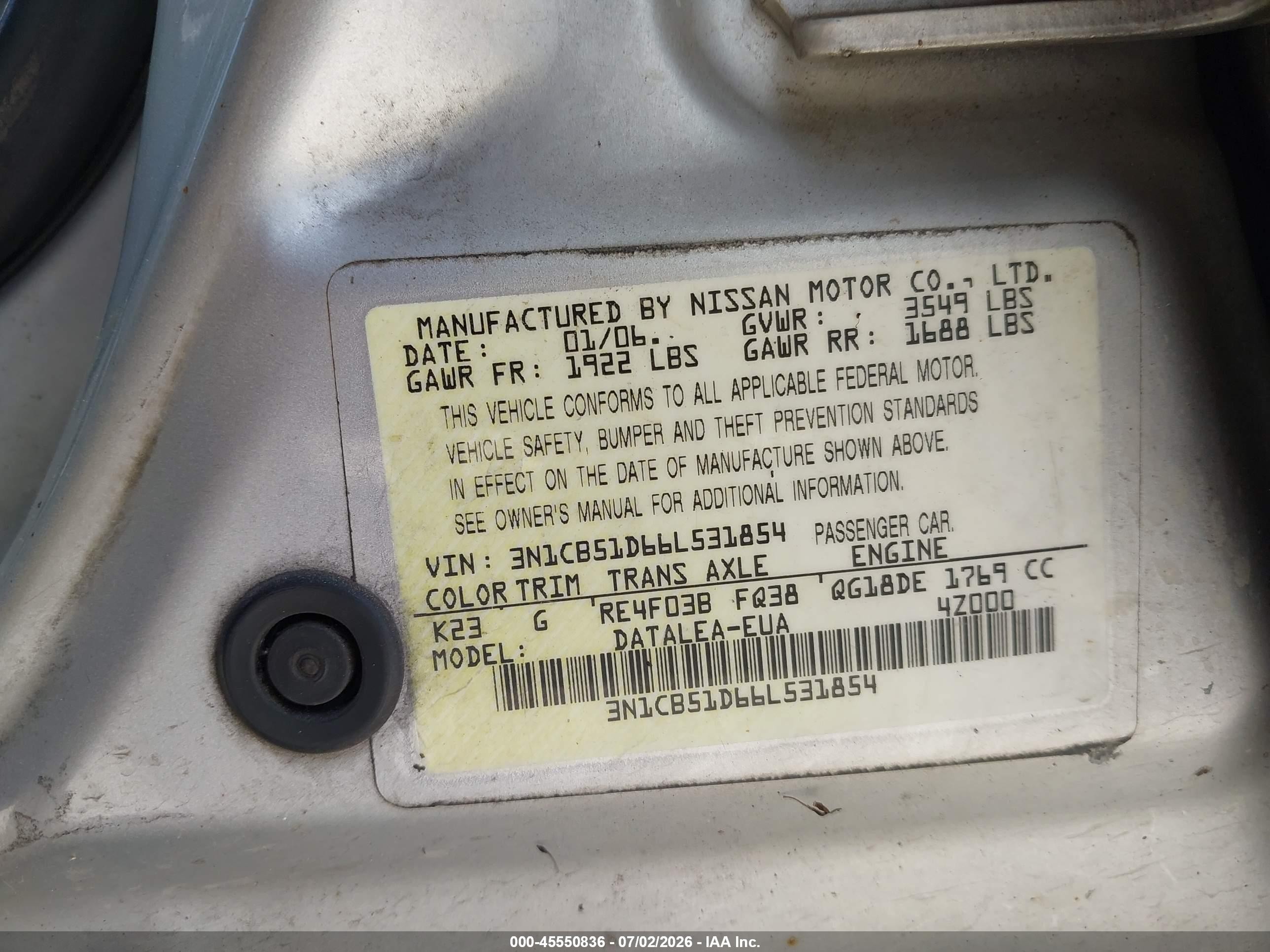 2006 Nissan Sentra 1.8s Серебряный vin: 3N1CB51D66L531854