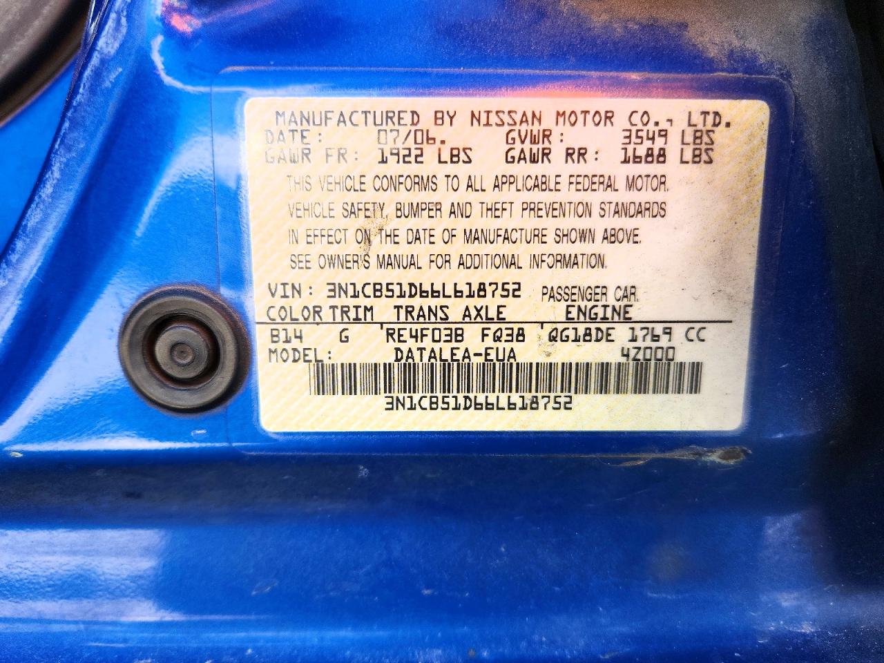 2006 Nissan Sentra 1.8 Blue vin: 3N1CB51D66L618752