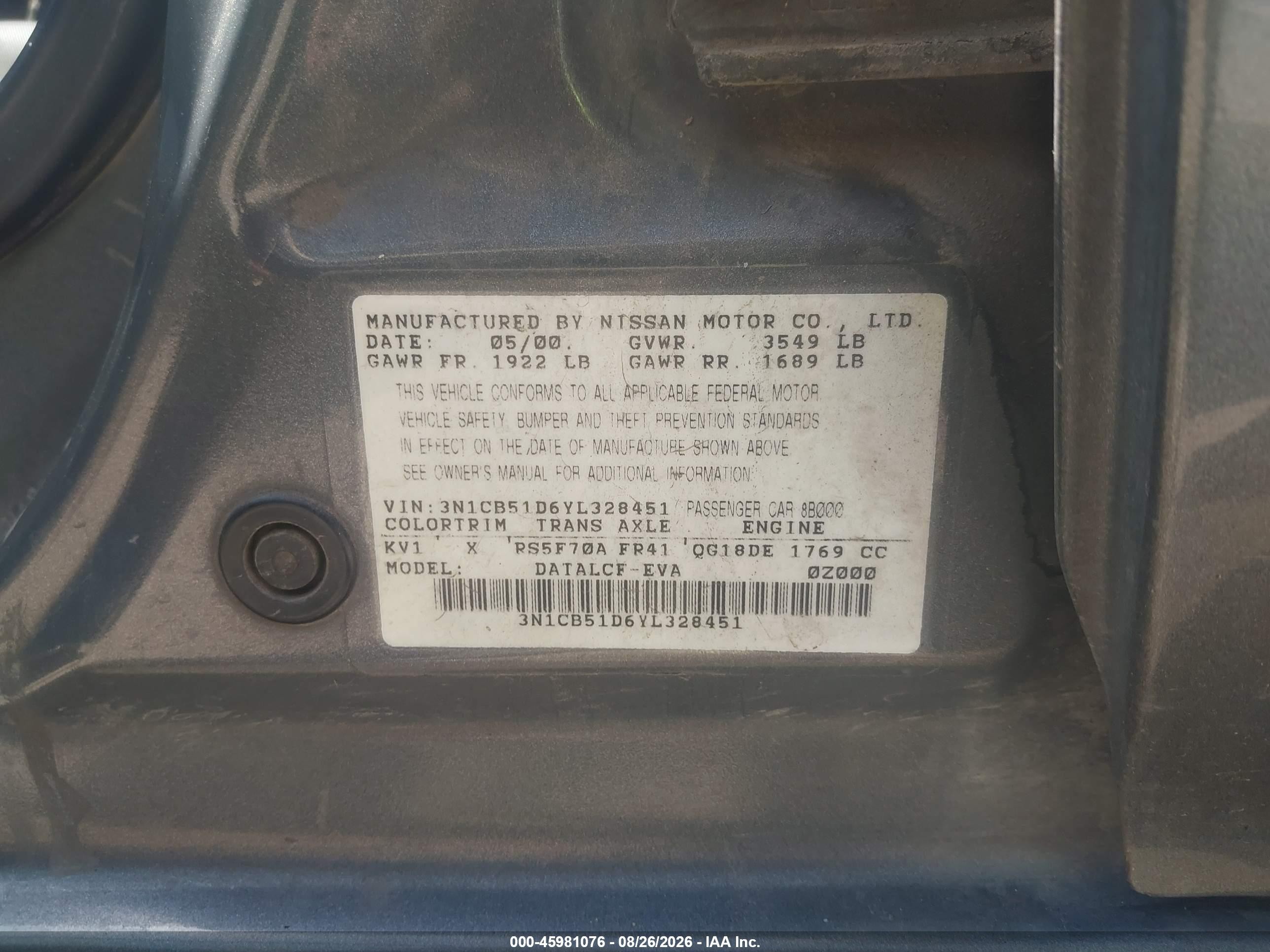 2000 Nissan Sentra Gxe/xe Gray vin: 3N1CB51D6YL328451