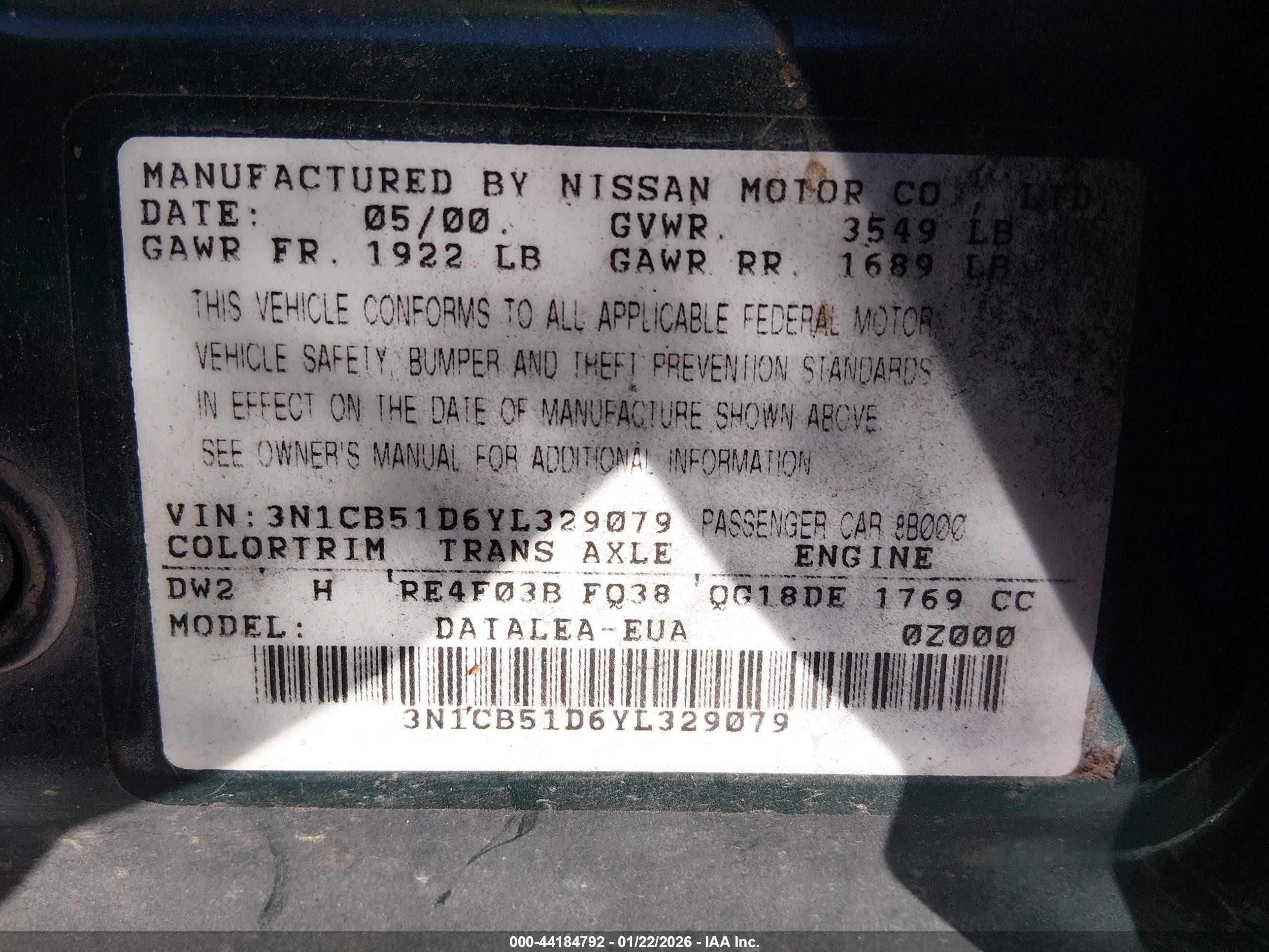 2000 Nissan Sentra Gxe/xe Green vin: 3N1CB51D6YL329079