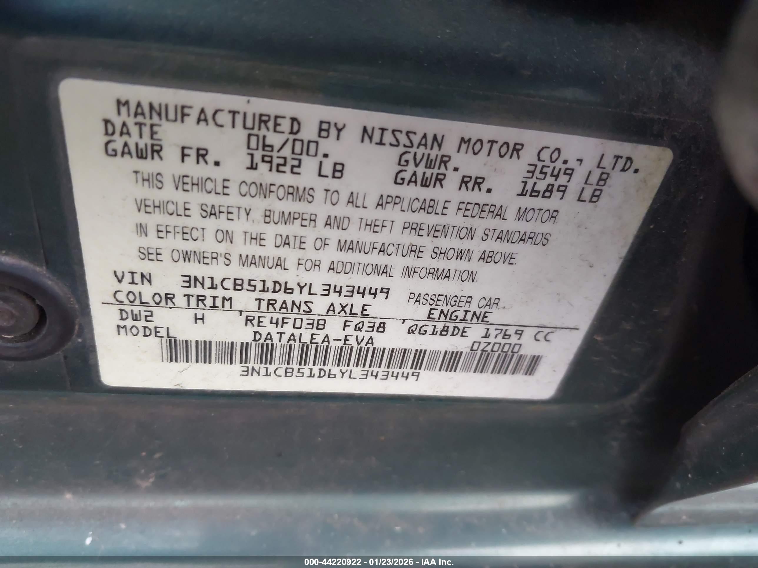 2000 Nissan Sentra Gxe/xe Green vin: 3N1CB51D6YL343449