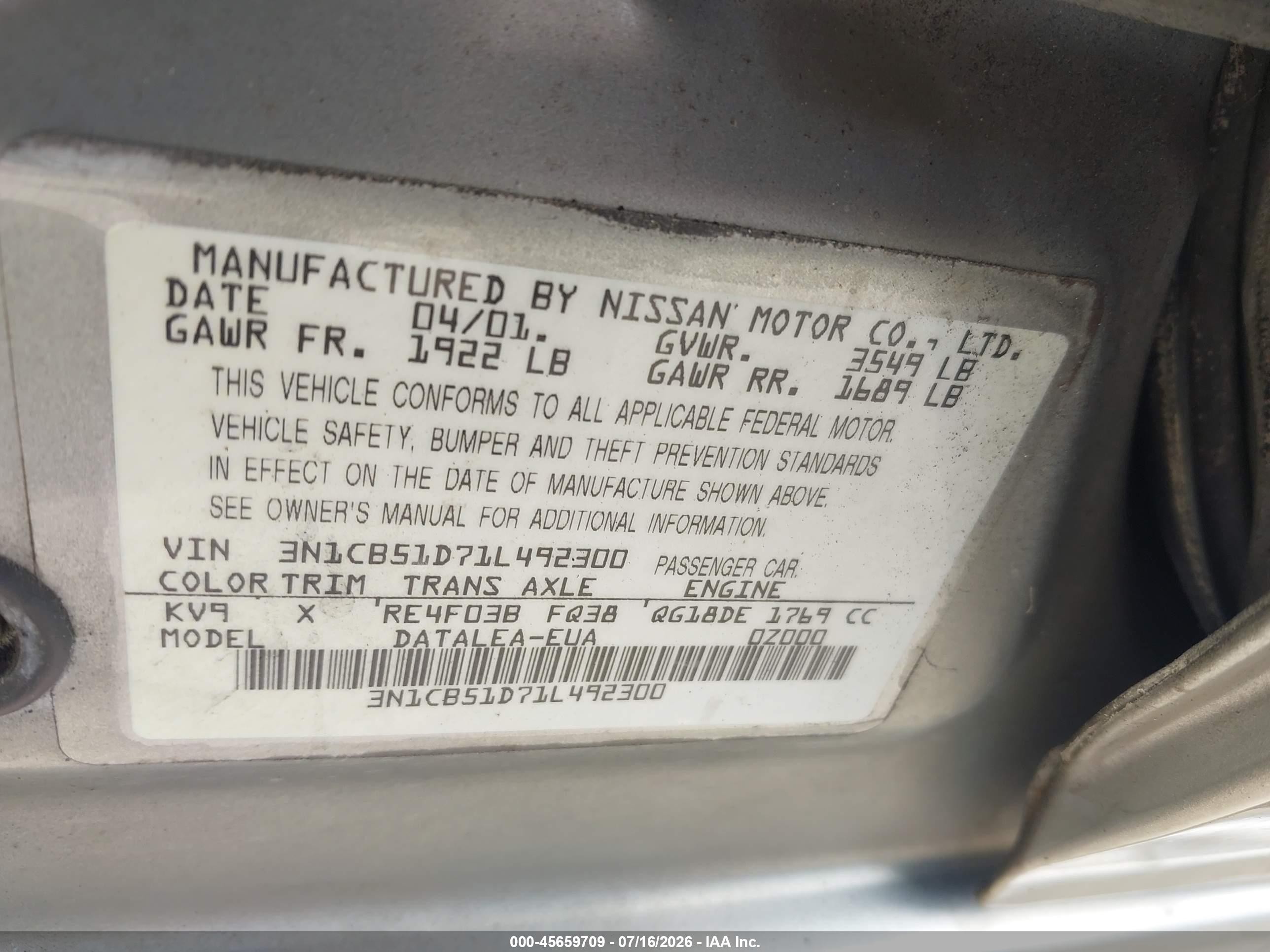 2001 Nissan Sentra Gxe Silver vin: 3N1CB51D71L492300