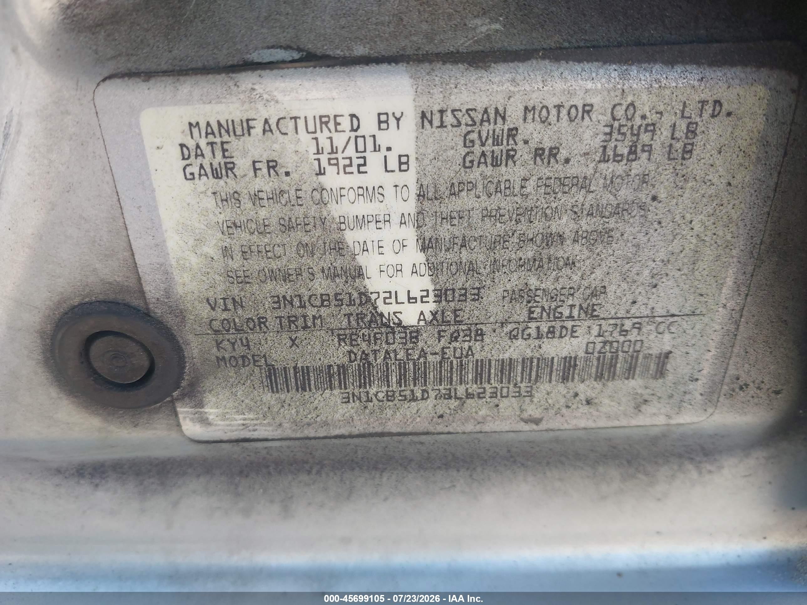 2002 Nissan Sentra Gxe Silver vin: 3N1CB51D72L623033