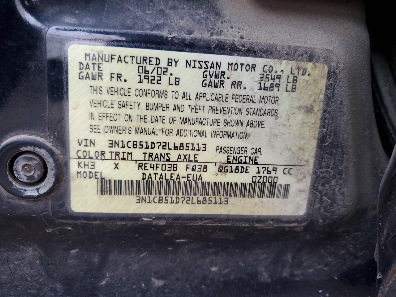 2002 Nissan Sentra Xe Black vin: 3N1CB51D72L685113
