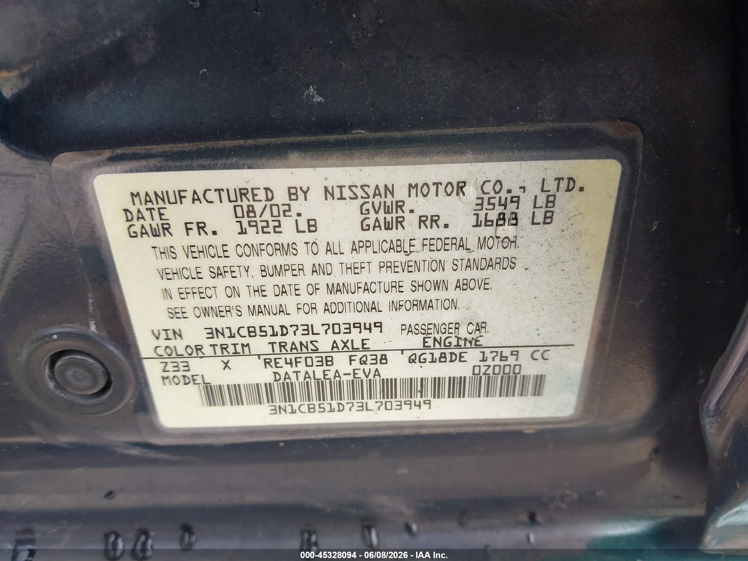2003 Nissan Sentra Gxe/xe Green vin: 3N1CB51D73L703949