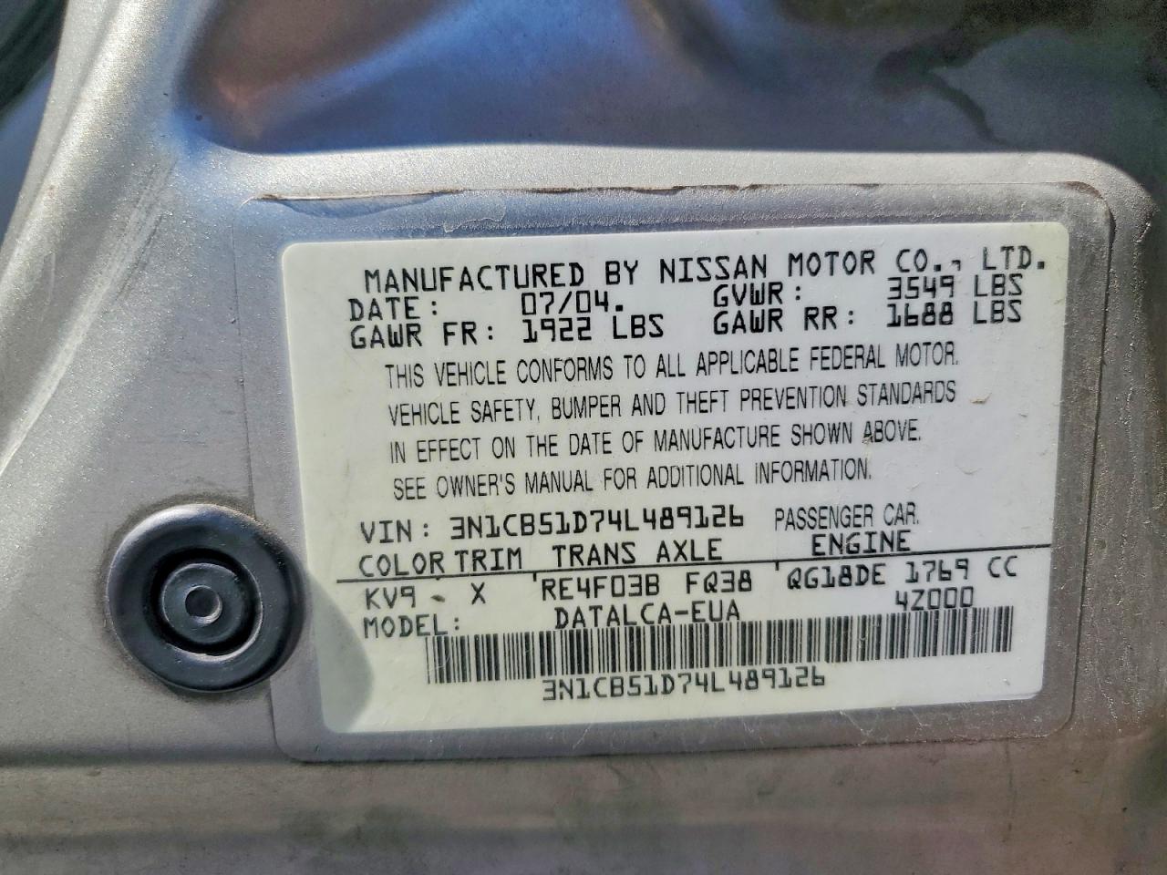 2004 Nissan Sentra 1.8 Gold vin: 3N1CB51D74L489126