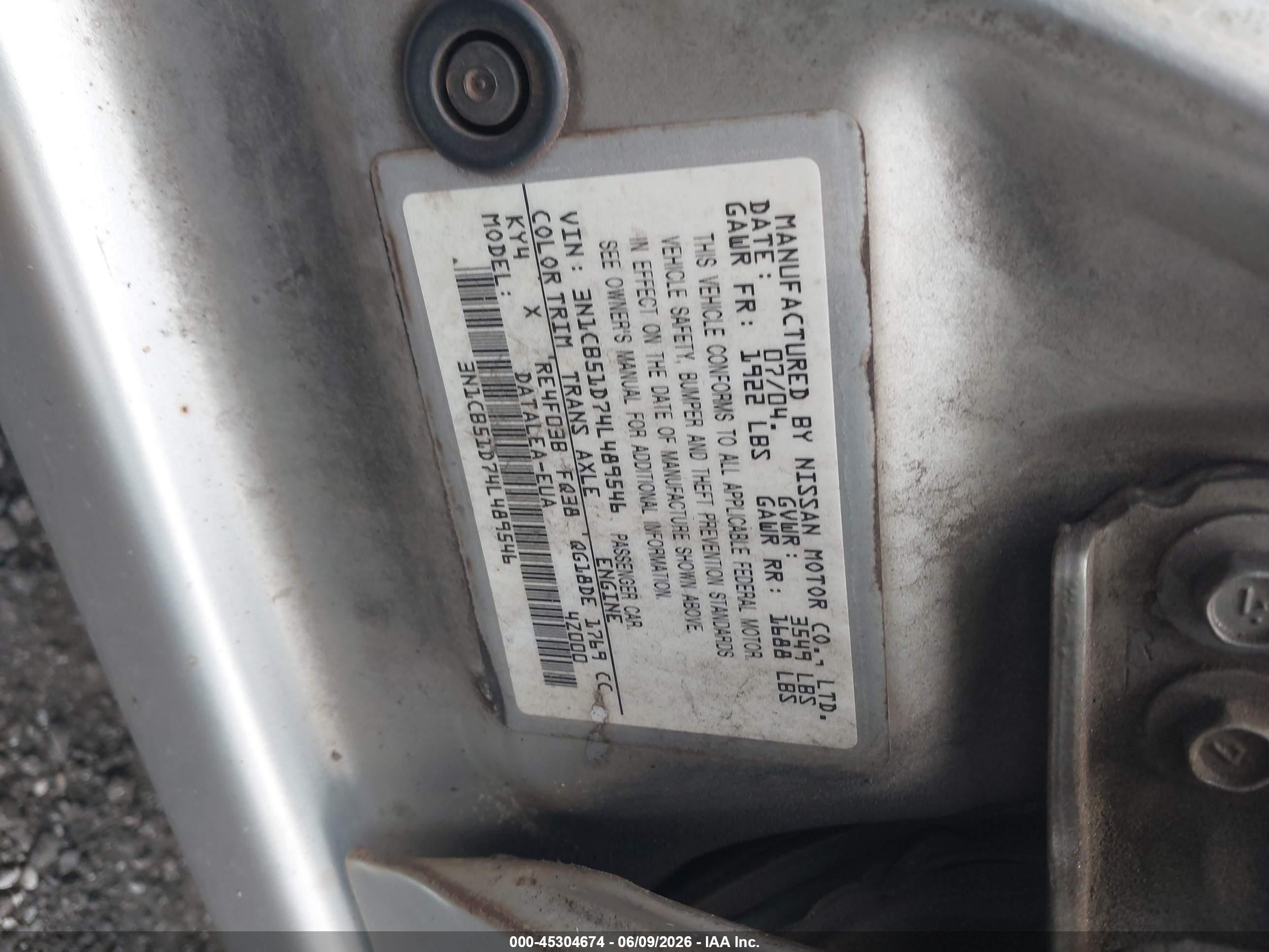 2004 Nissan Sentra 1.8s Silver vin: 3N1CB51D74L489546