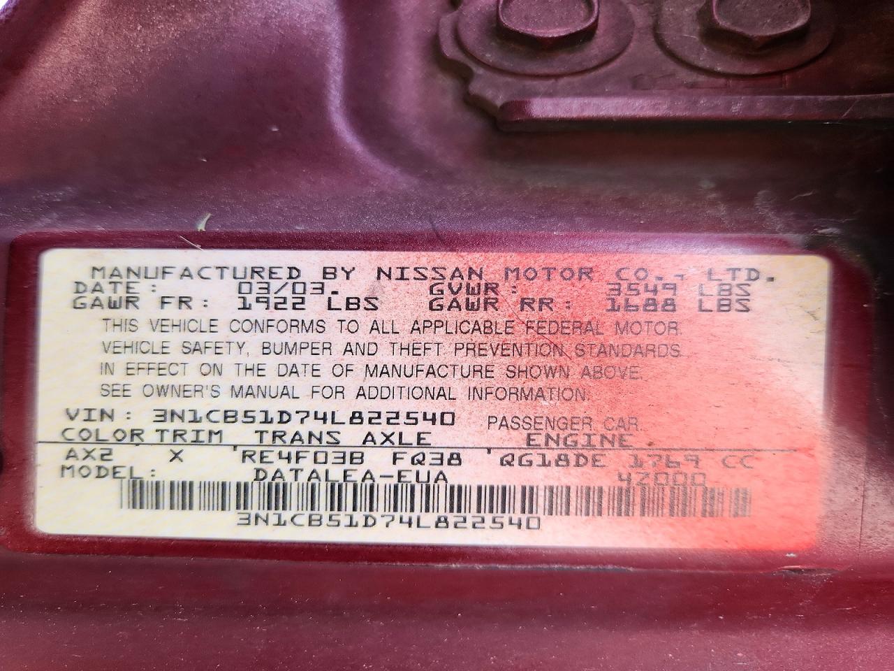 2004 Nissan Sentra 1.8 Burgundy vin: 3N1CB51D74L822540