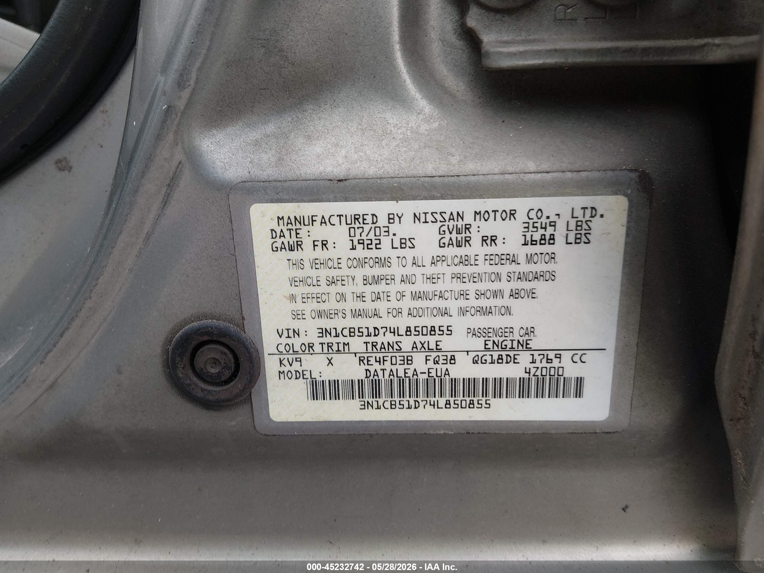 2004 Nissan Sentra 1.8s Tan vin: 3N1CB51D74L850855