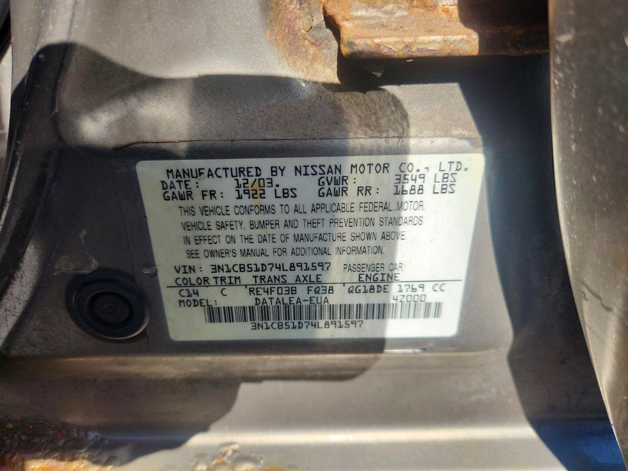 2004 Nissan Sentra 1.8 Серебряный vin: 3N1CB51D74L891597