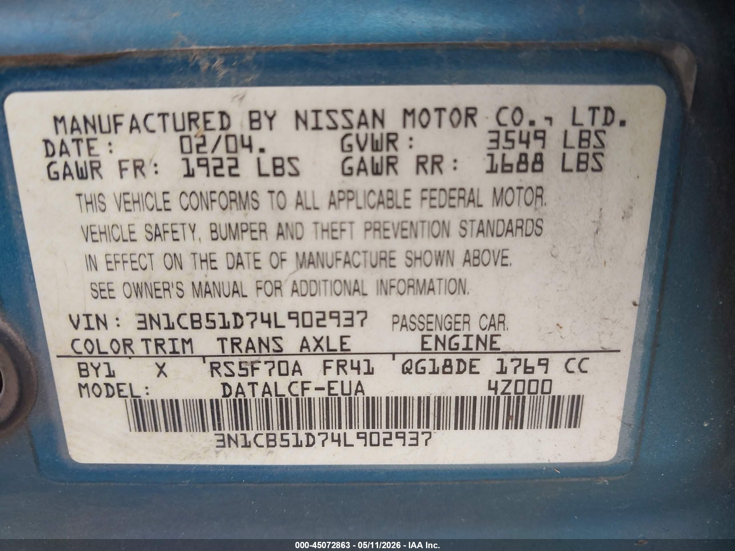 2004 Nissan Sentra 1.8 Light Blue vin: 3N1CB51D74L902937