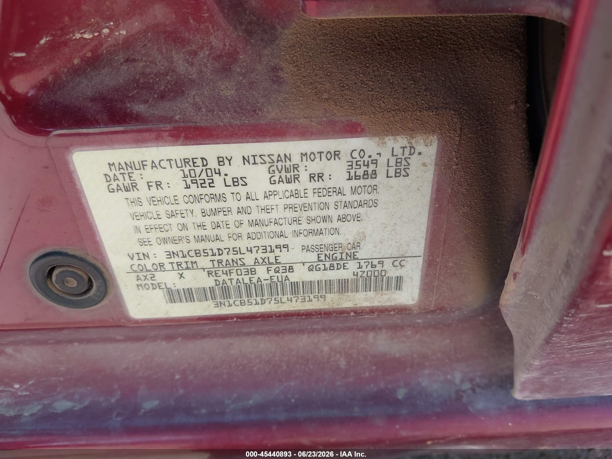 2005 Nissan Sentra 1.8s Red vin: 3N1CB51D75L473199