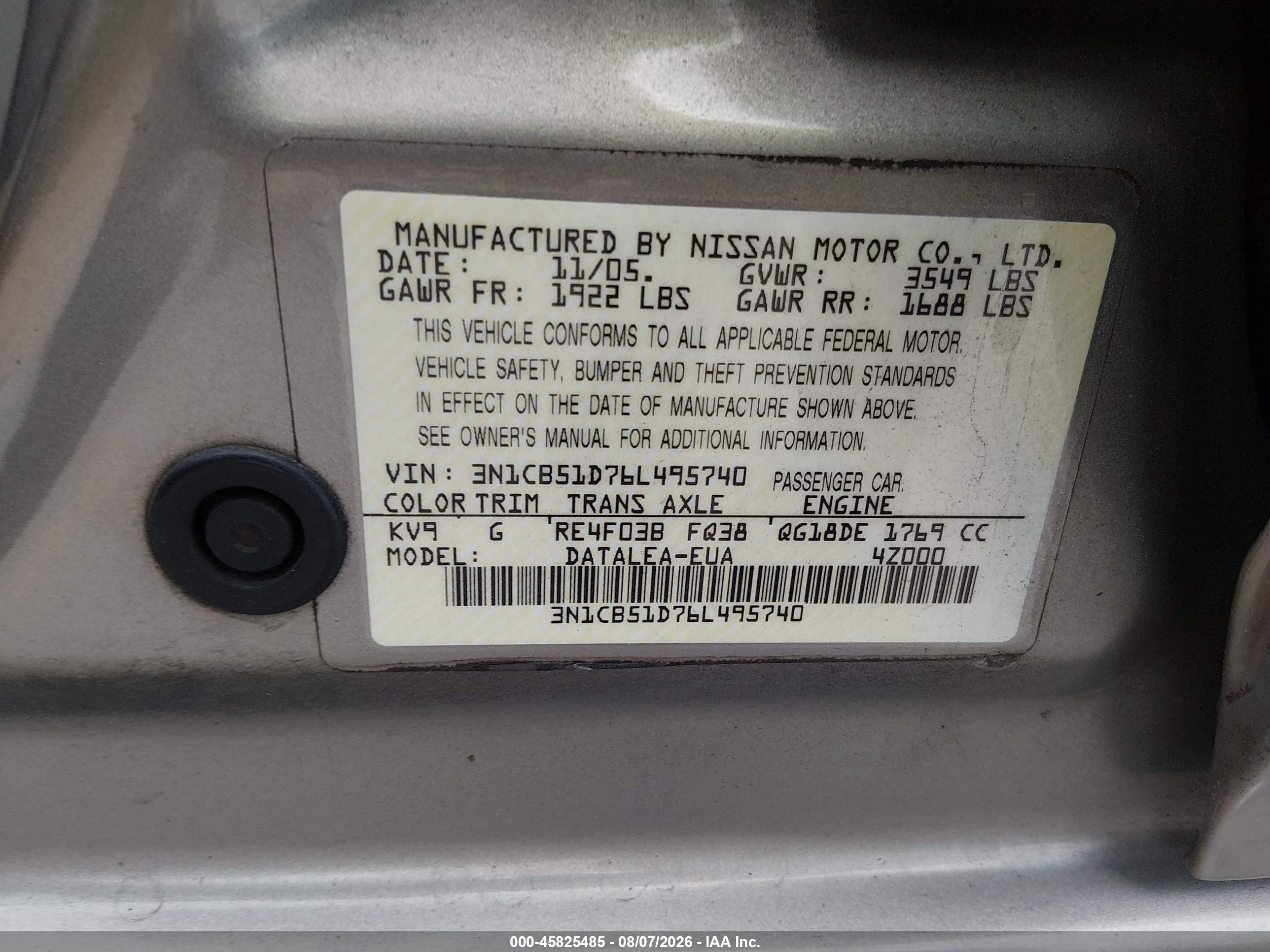 2006 Nissan Sentra 1.8s Gray vin: 3N1CB51D76L495740
