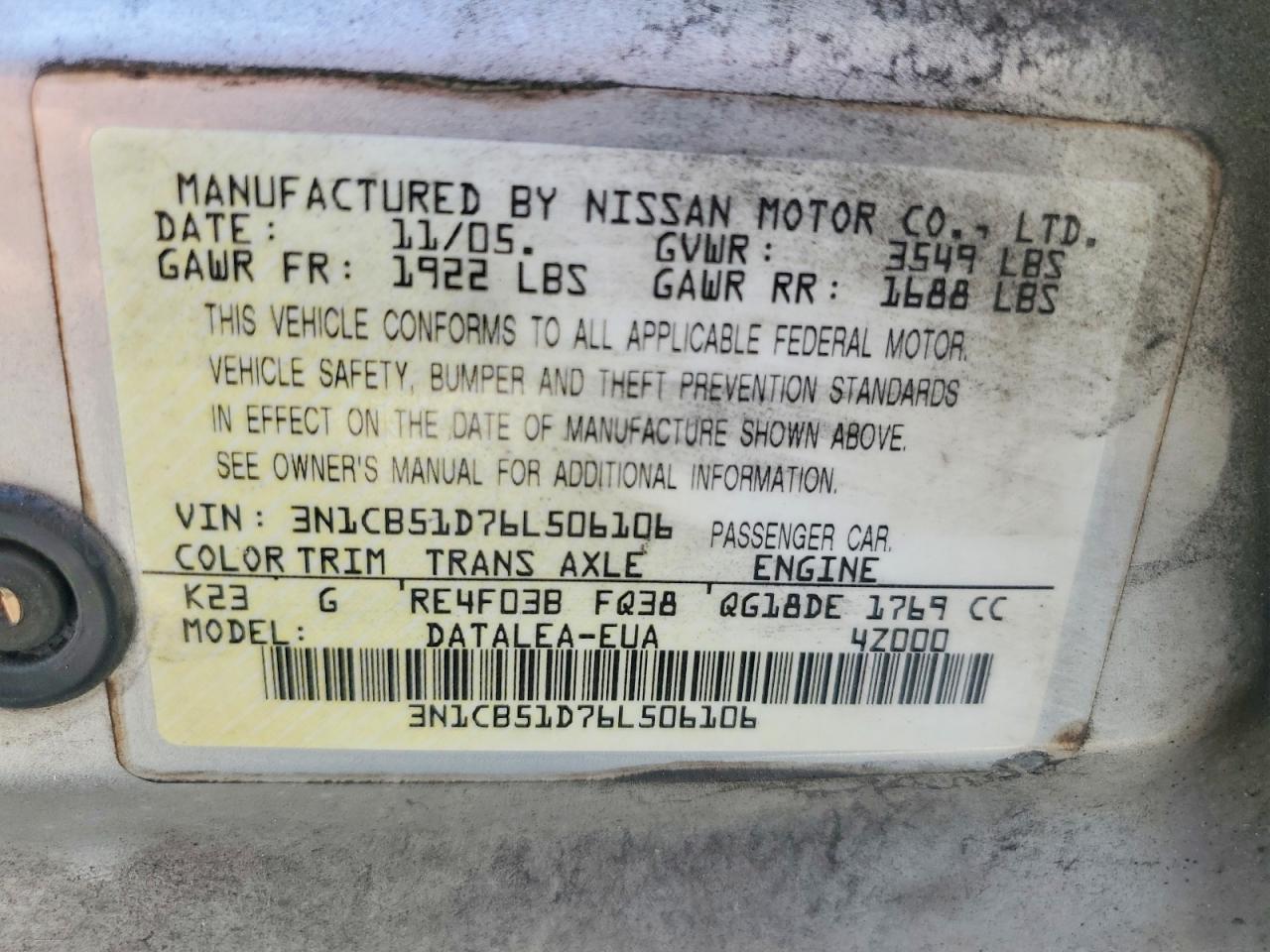 2006 Nissan Sentra 1.8 Silver vin: 3N1CB51D76L506106