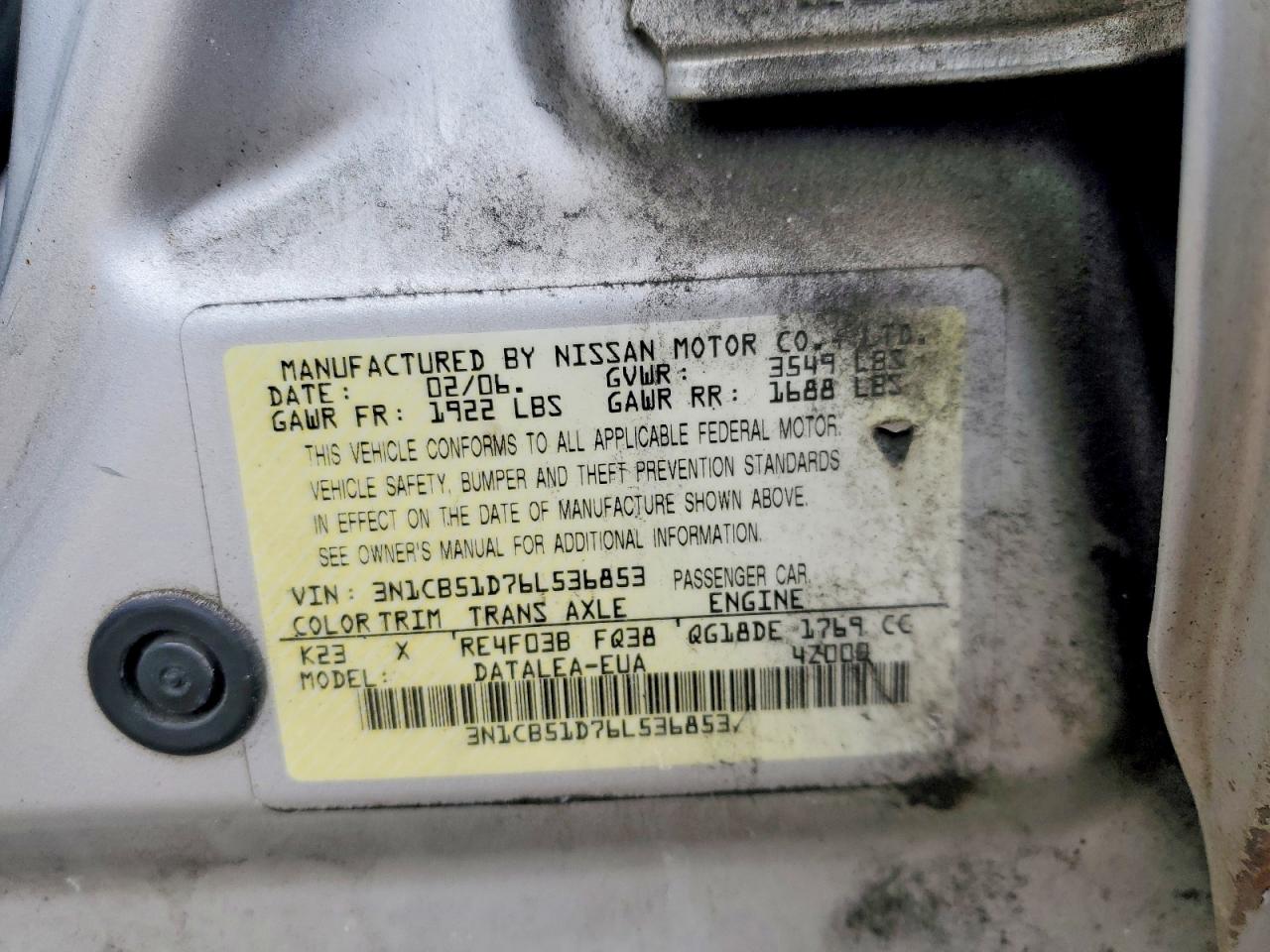 2006 Nissan Sentra 1.8 Silver vin: 3N1CB51D76L536853