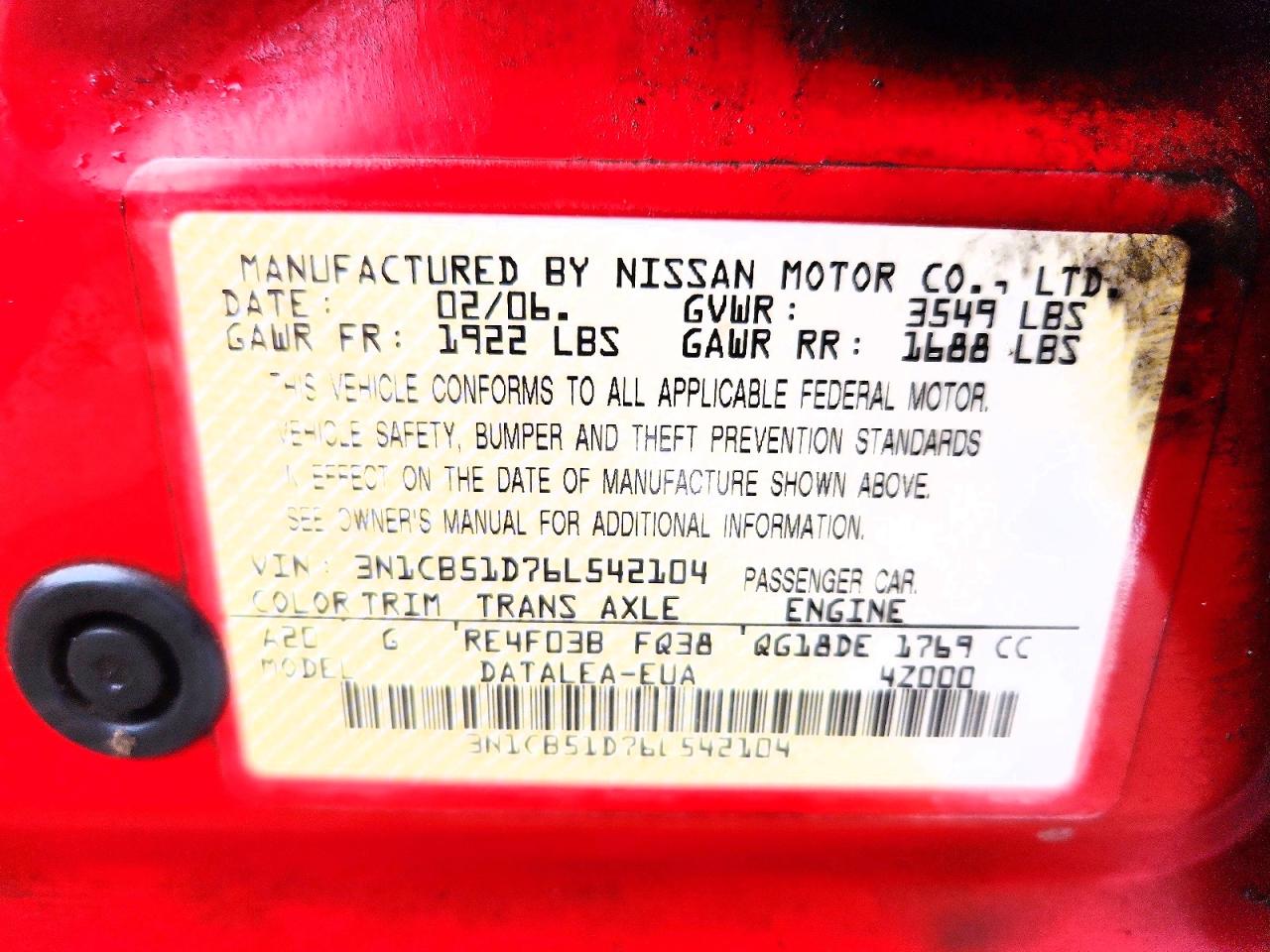 2006 Nissan Sentra 1.8 Red vin: 3N1CB51D76L542104