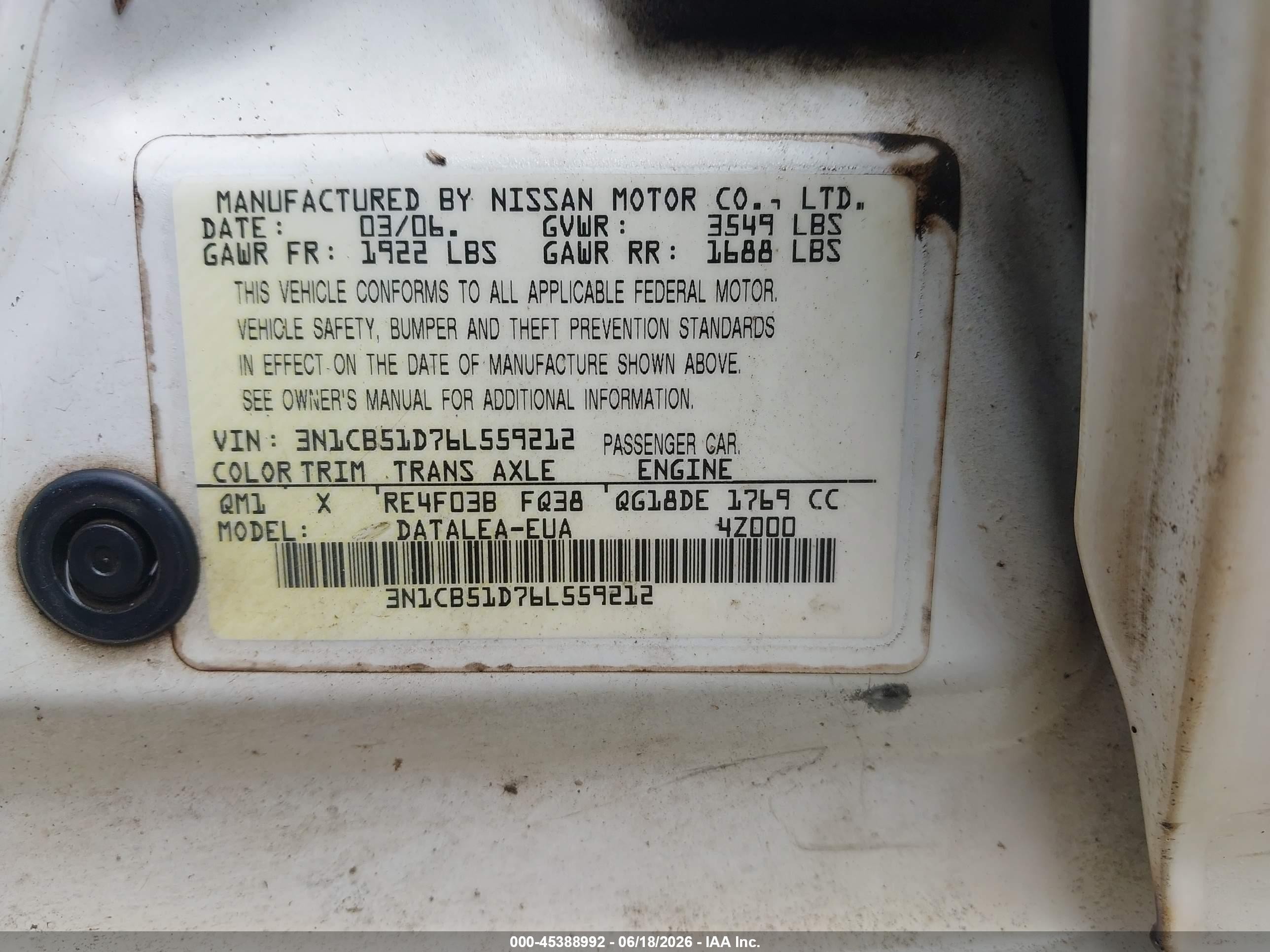 2006 Nissan Sentra 1.8s White vin: 3N1CB51D76L559212