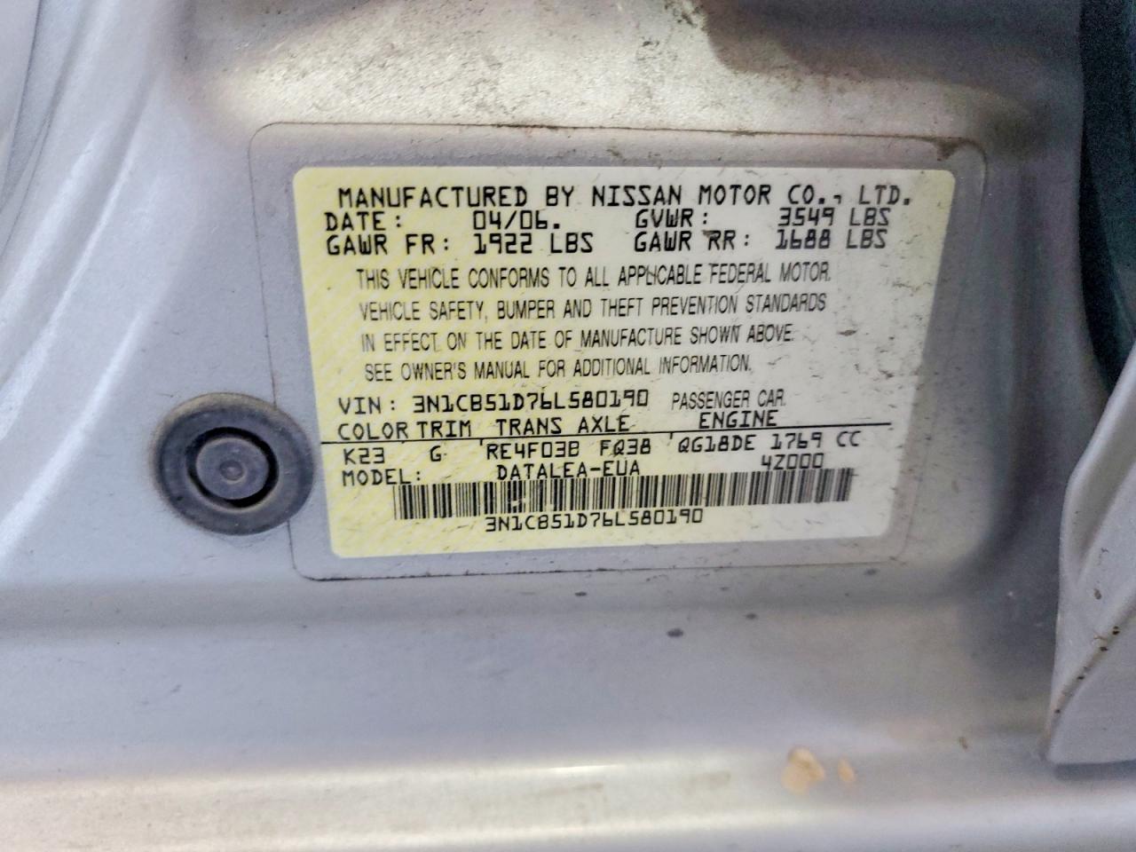 2006 Nissan Sentra 1.8 Gray vin: 3N1CB51D76L580190