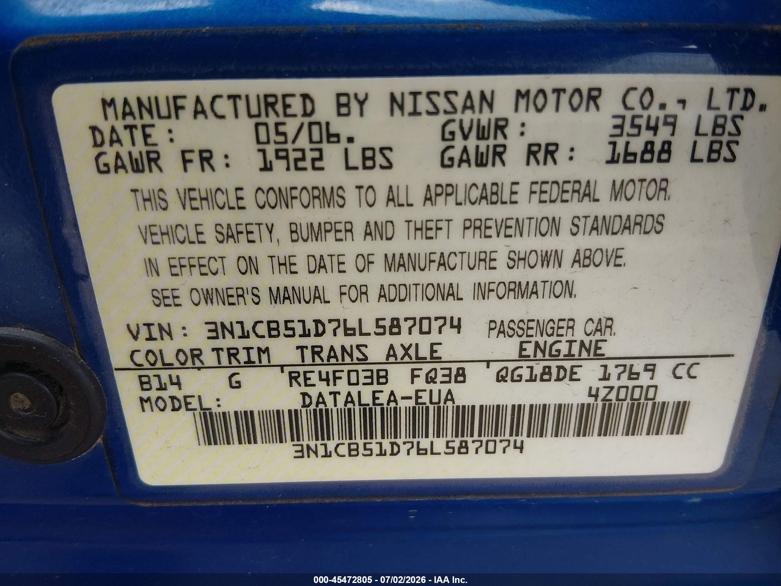 2006 Nissan Sentra 1.8s Blue vin: 3N1CB51D76L587074