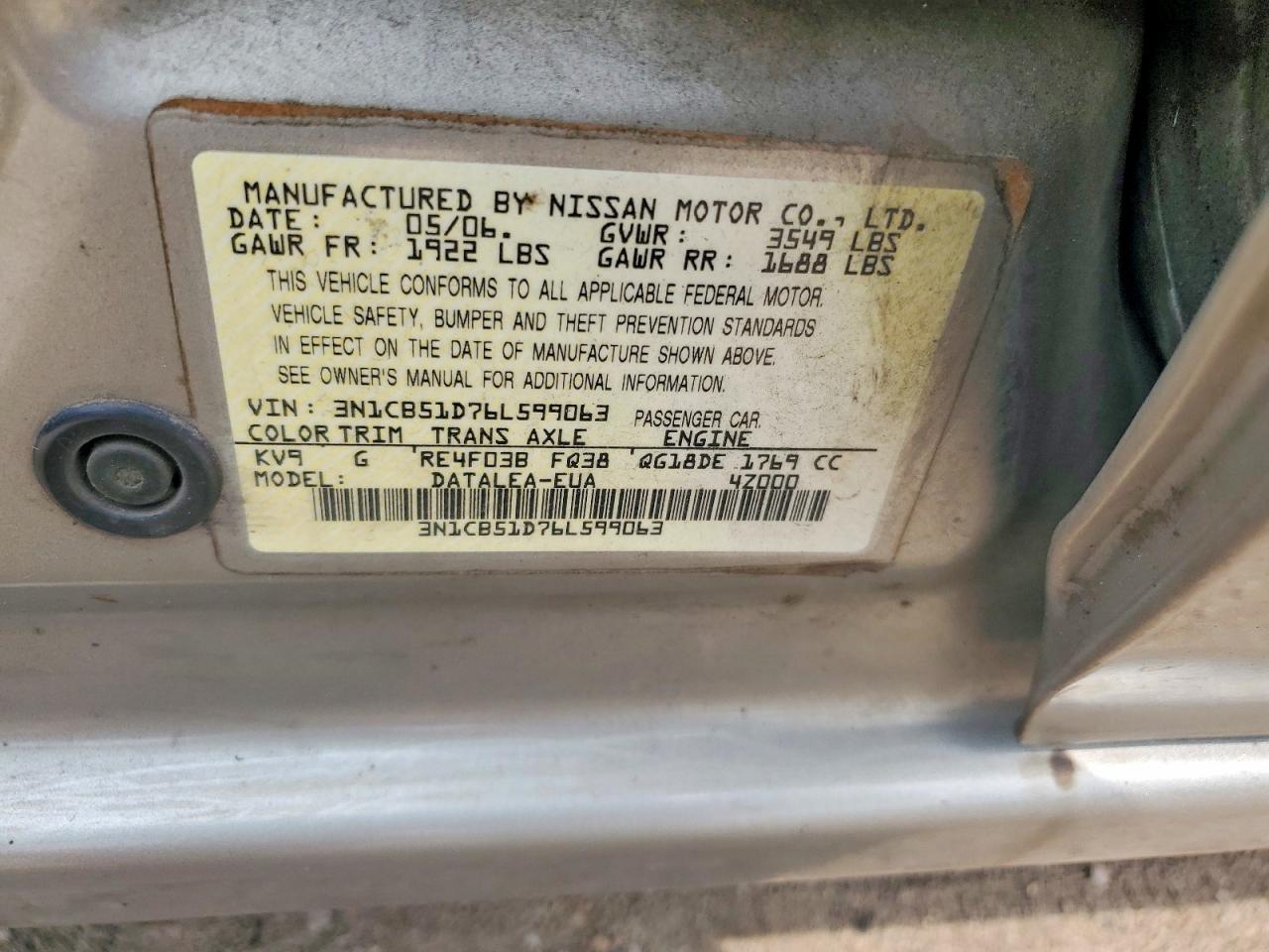 2006 Nissan Sentra 1.8 Cream vin: 3N1CB51D76L599063