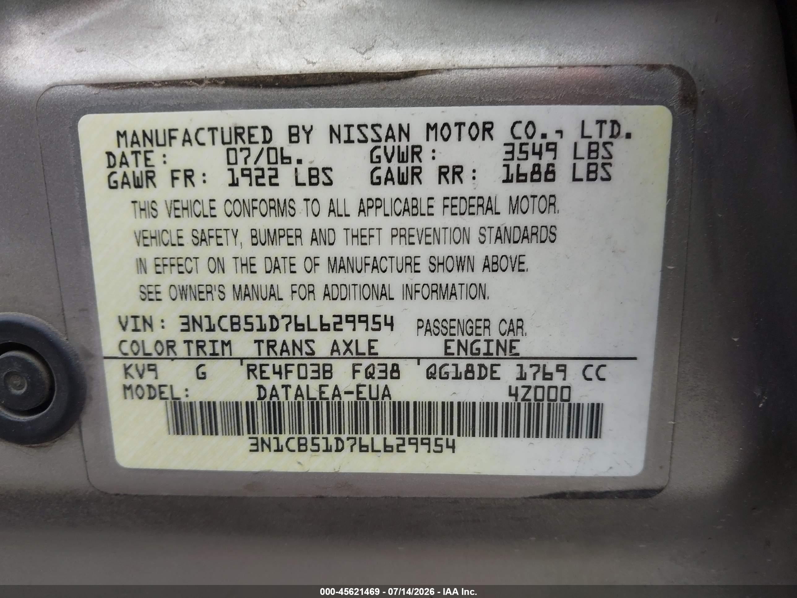 2006 Nissan Sentra 1.8s Beige vin: 3N1CB51D76L629954