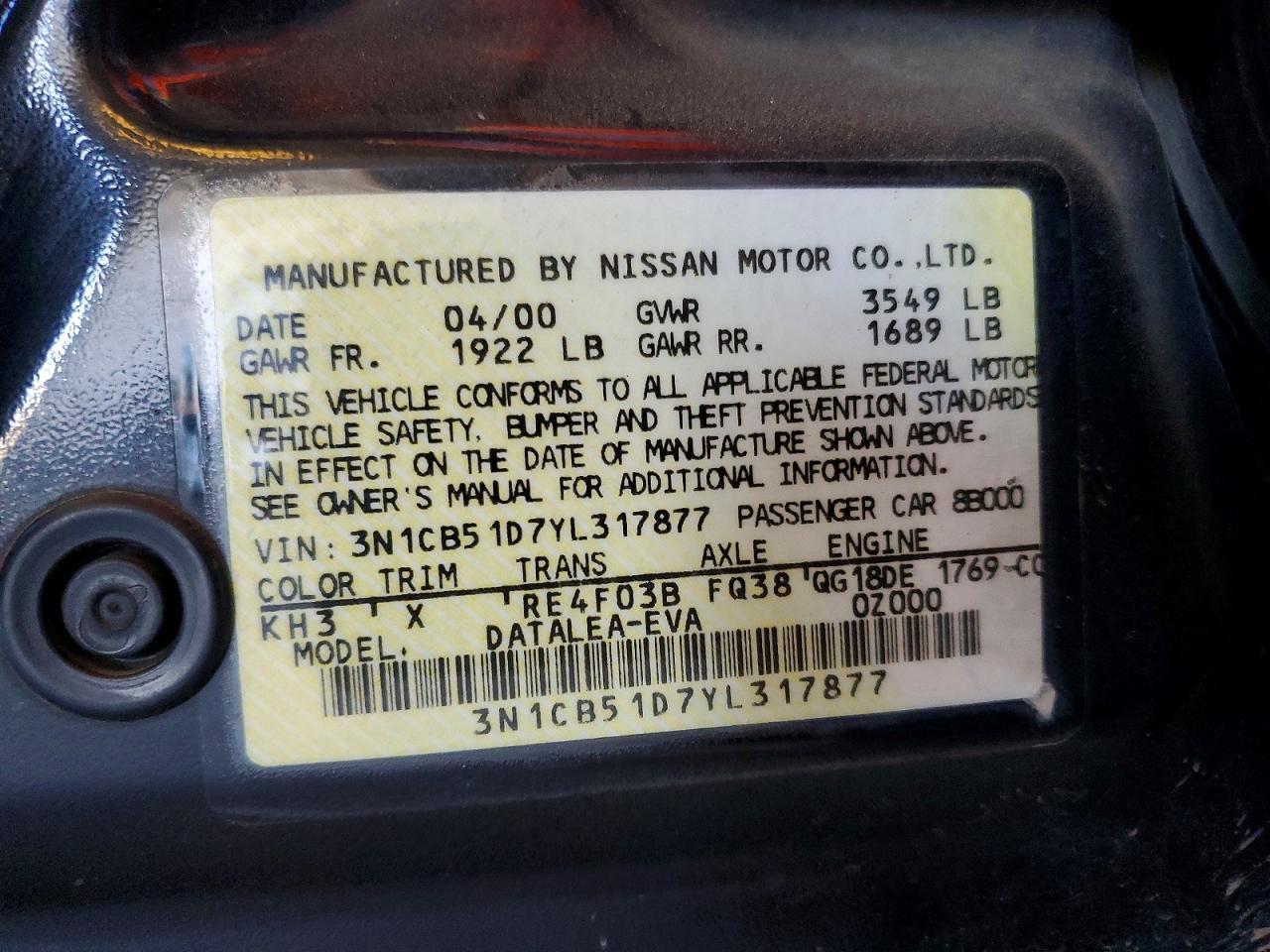 2000 Nissan Sentra Xe Black vin: 3N1CB51D7YL317877