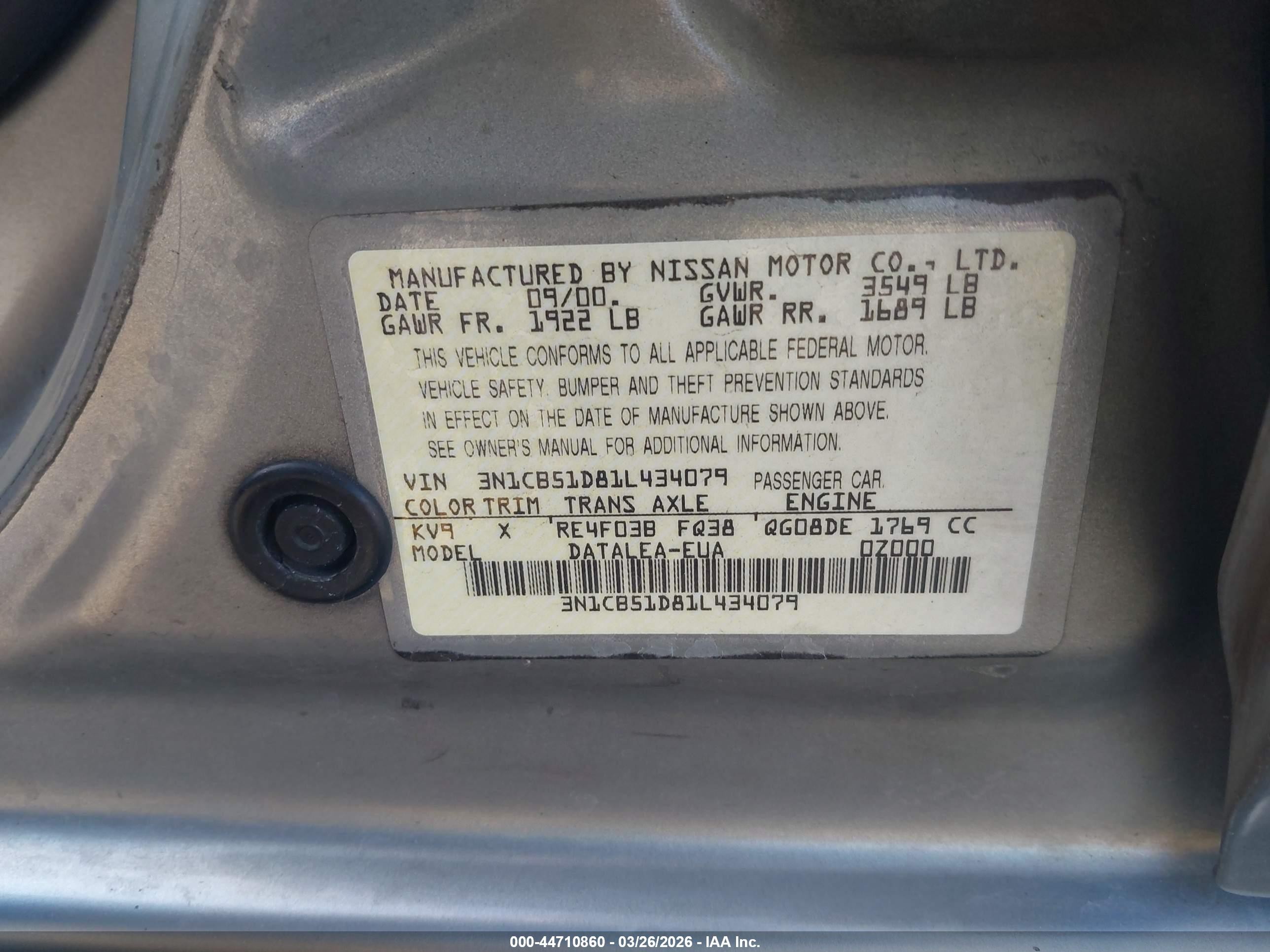 2001 Nissan Sentra Gxe Beige vin: 3N1CB51D81L434079