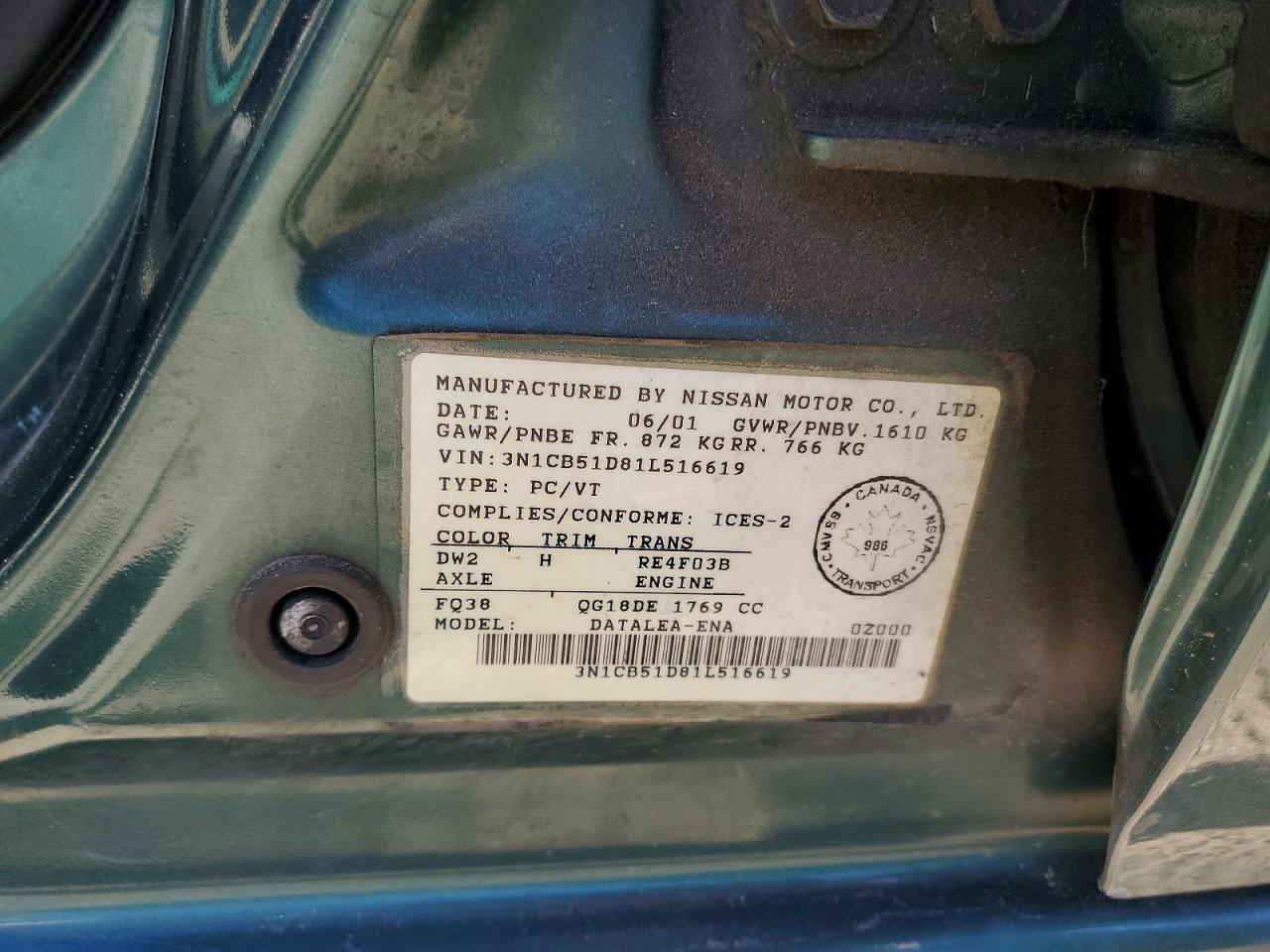 2001 Nissan Sentra Xe Teal vin: 3N1CB51D81L516619
