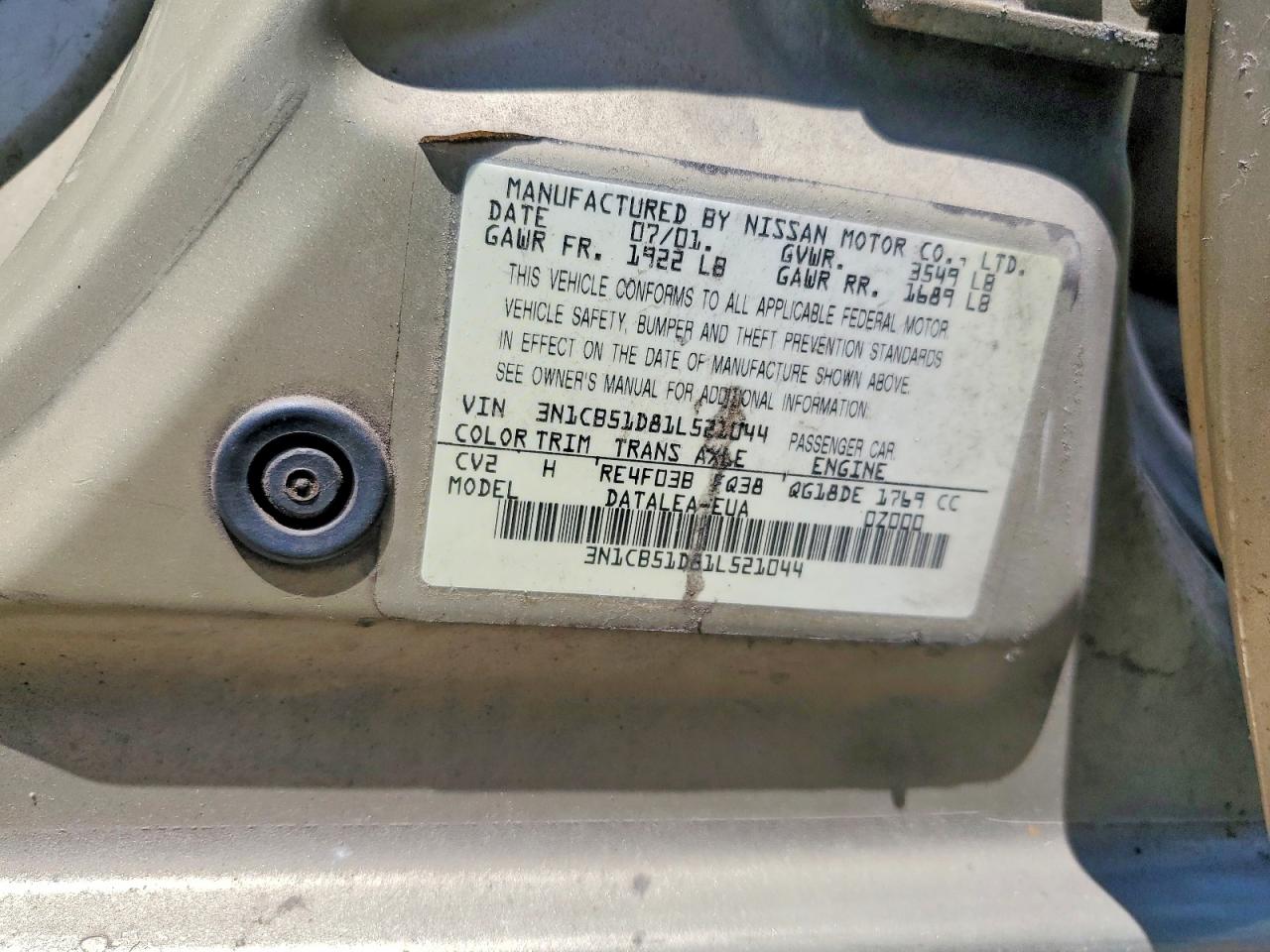 2001 Nissan Sentra Xe Tan vin: 3N1CB51D81L521044