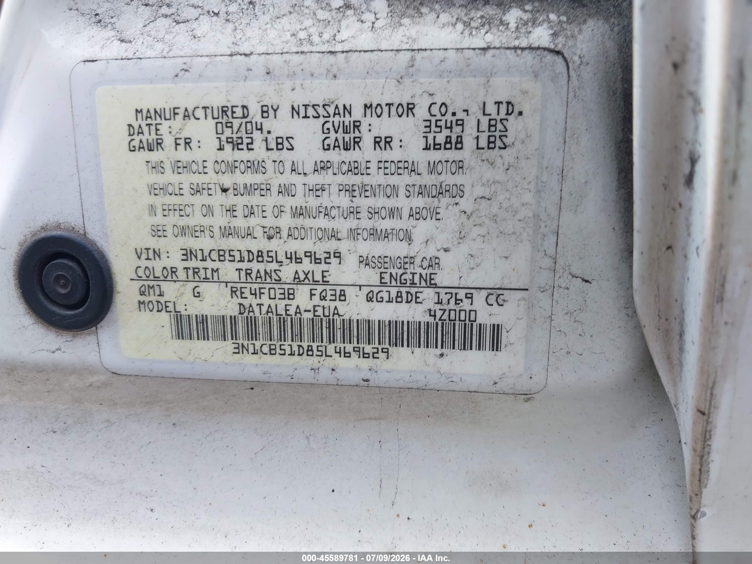 2005 Nissan Sentra 1.8s White vin: 3N1CB51D85L469629