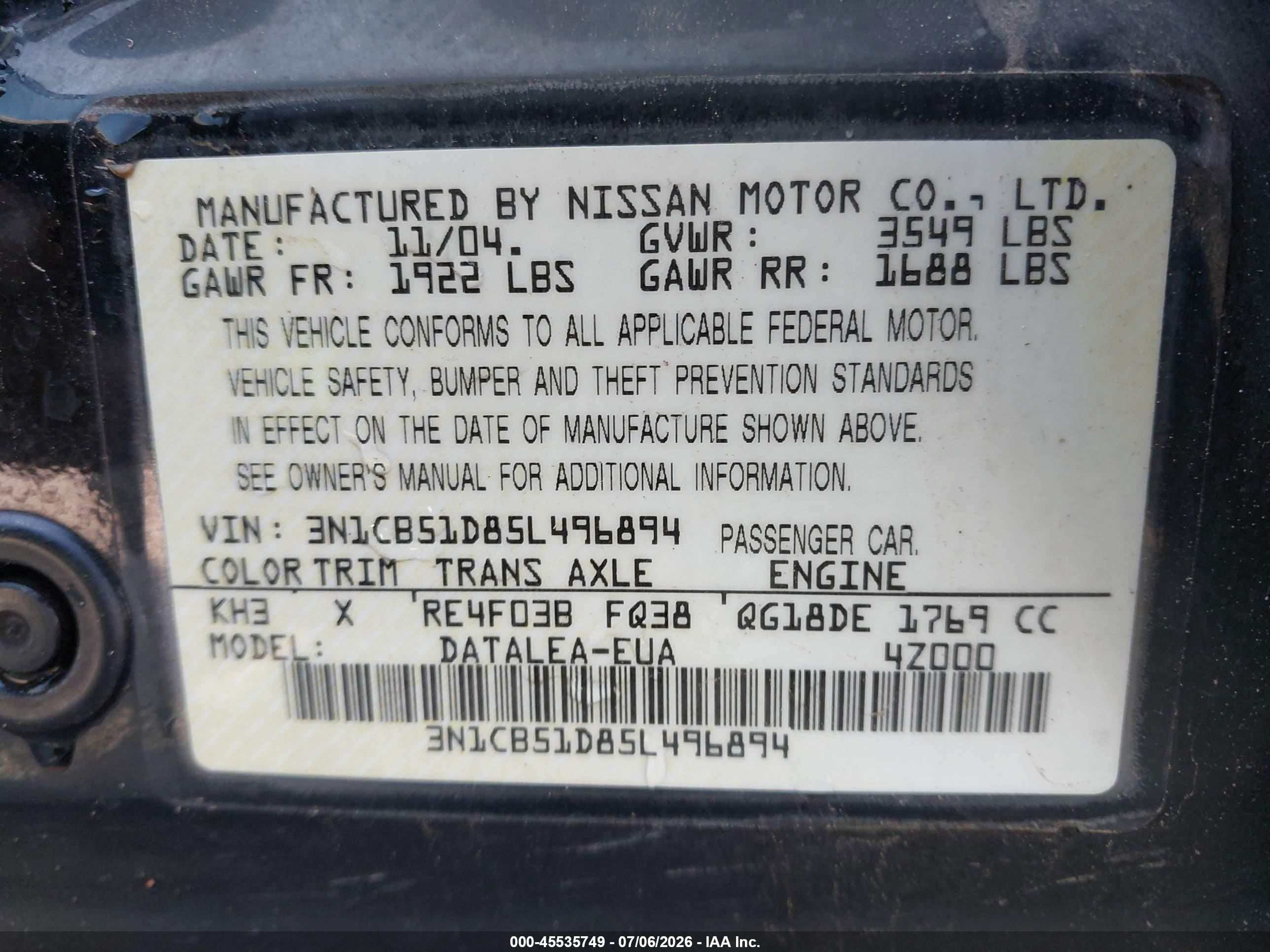 2005 Nissan Sentra 1.8s Черный vin: 3N1CB51D85L496894