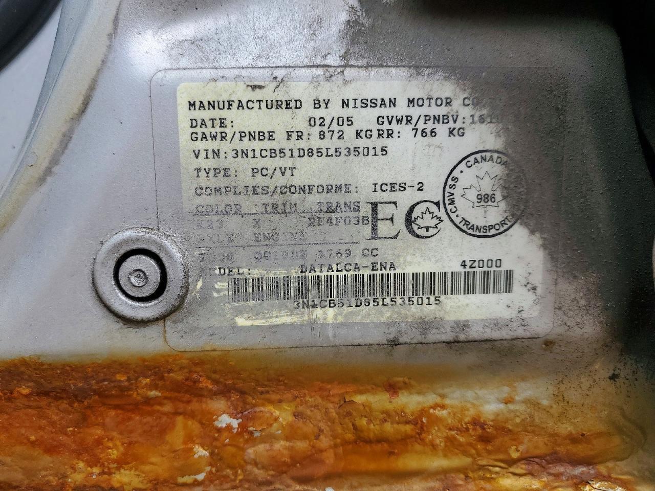 2005 Nissan Sentra 1.8 Серебряный vin: 3N1CB51D85L535015