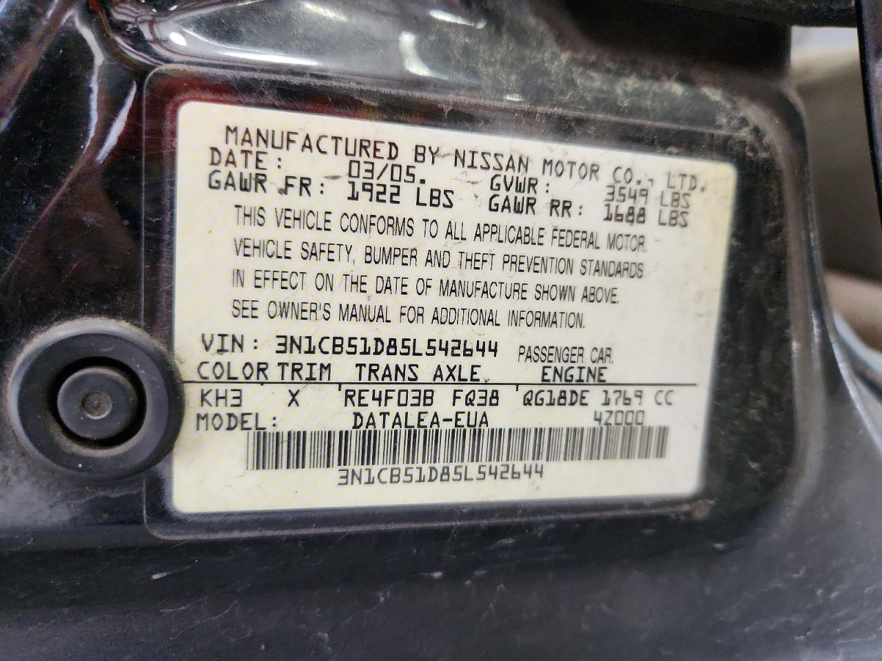 2005 Nissan Sentra 1.8 Black vin: 3N1CB51D85L542644