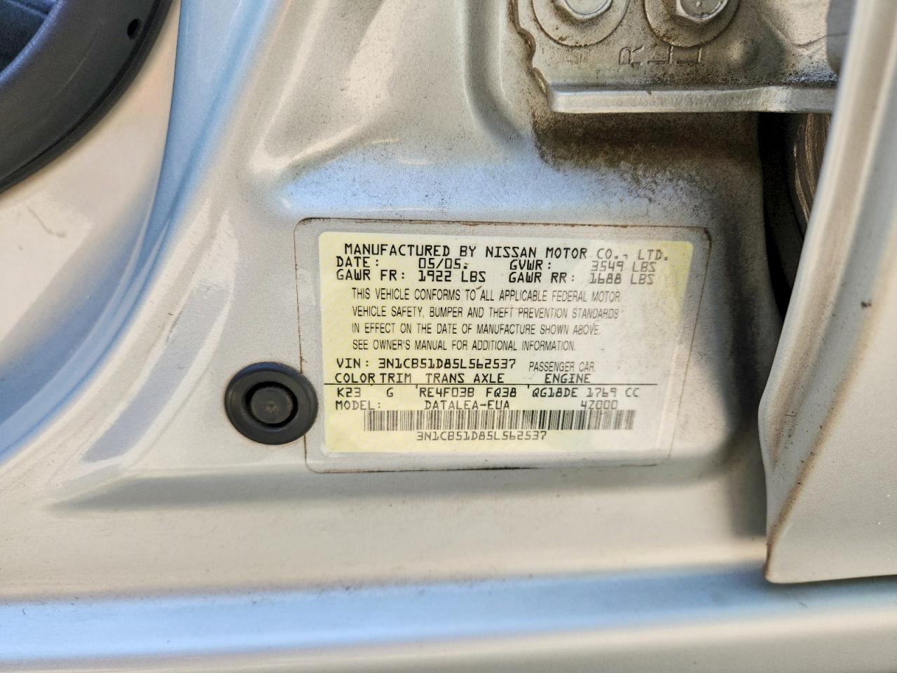 2005 Nissan Sentra 1.8 Silver vin: 3N1CB51D85L562537