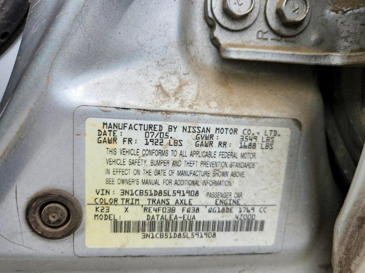 2005 Nissan Sentra 1.8 Beige vin: 3N1CB51D85L591908
