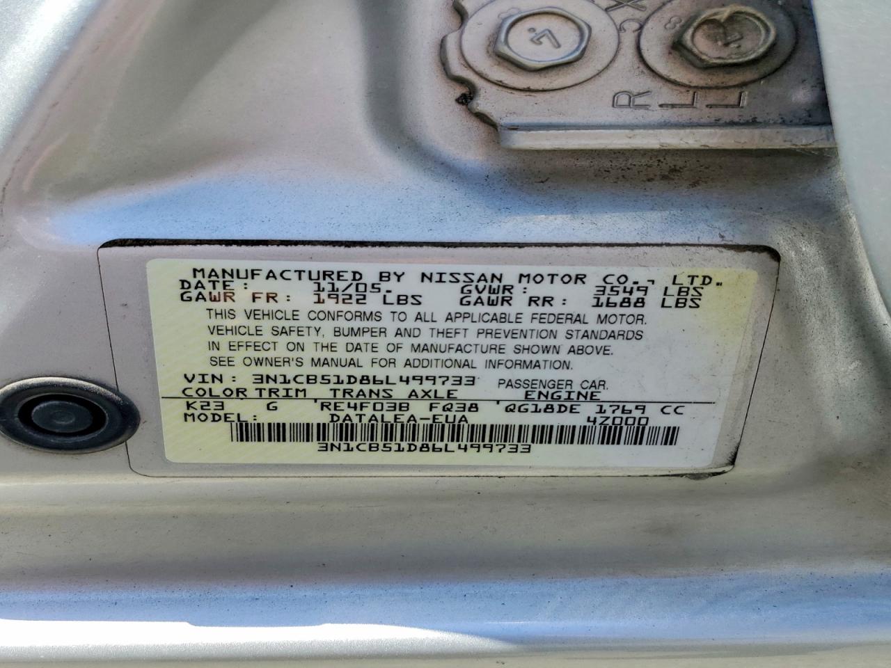 2006 Nissan Sentra 1.8 Серебряный vin: 3N1CB51D86L499733