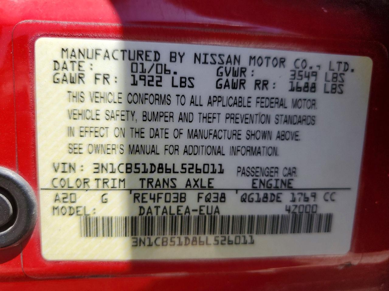 2006 Nissan Sentra 1.8 Red vin: 3N1CB51D86L526011