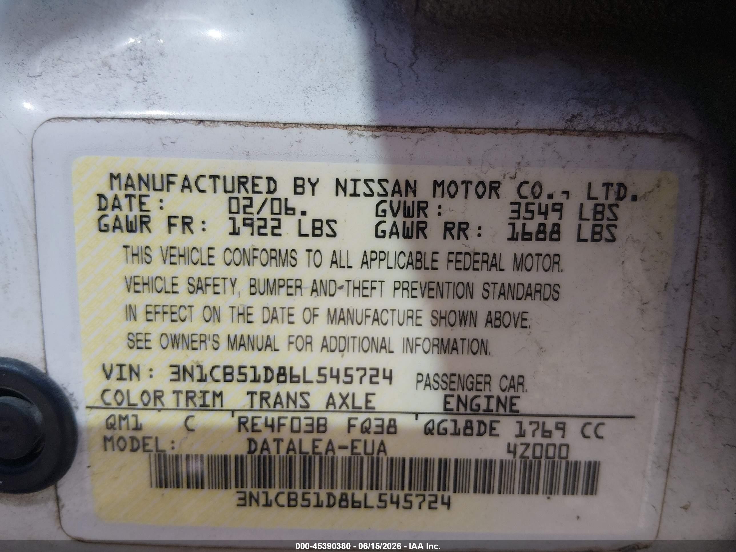 2006 Nissan Sentra 1.8s White vin: 3N1CB51D86L545724